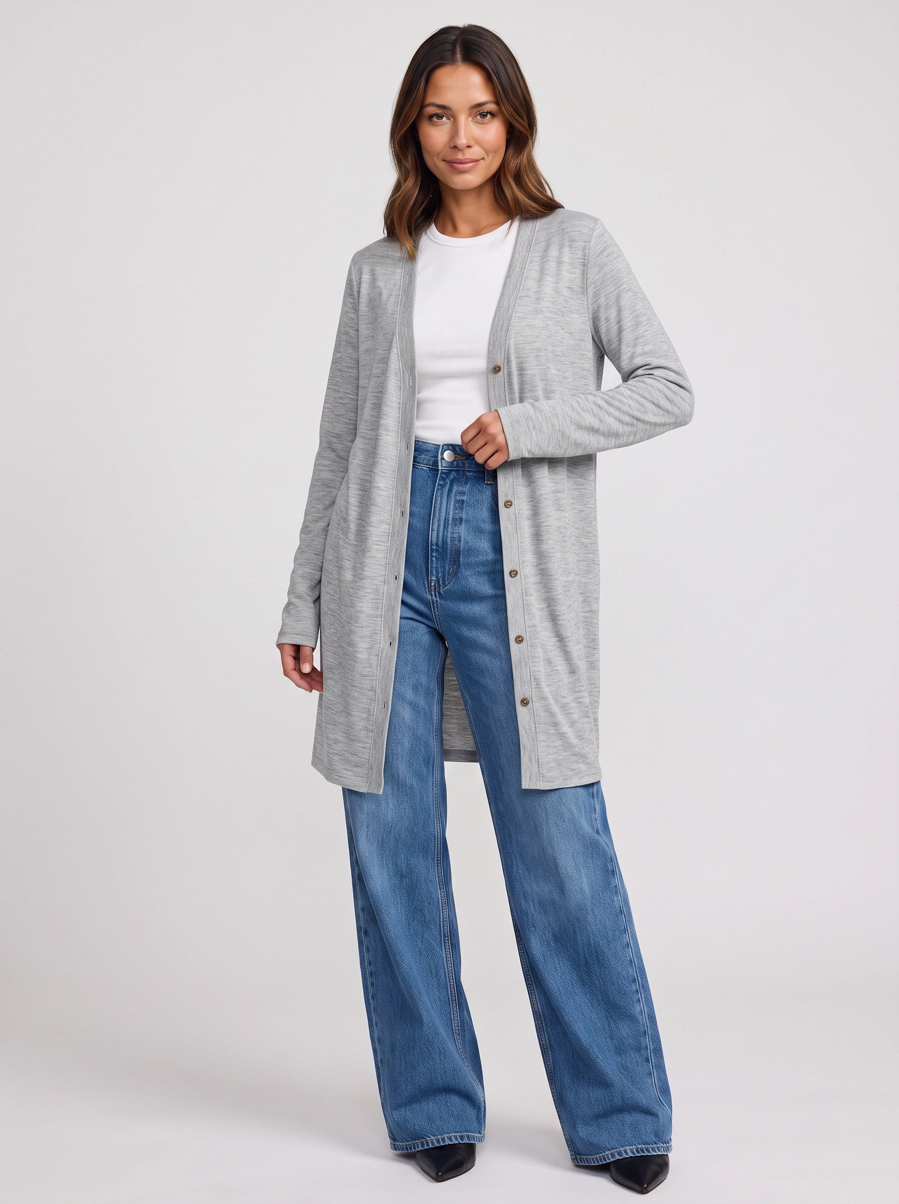 Grayne Longline Button Cardigan – Women Business Casual Attire Ladies Corporate Casual Open Front Longline Cardigan