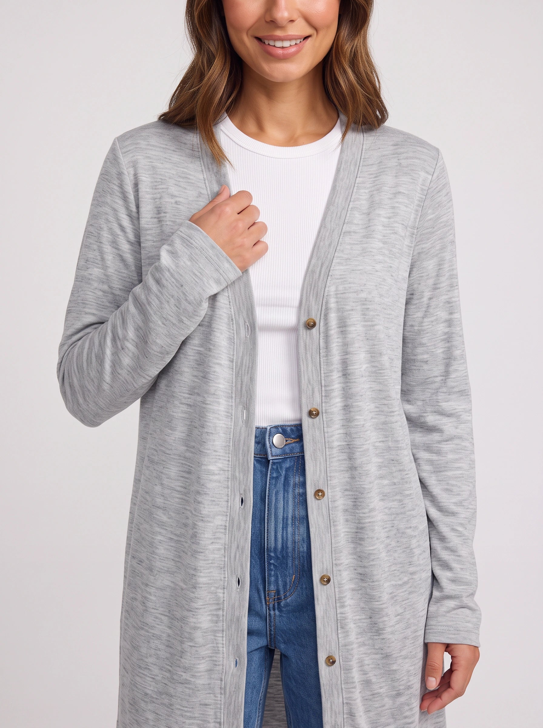 Grayne Longline Button Cardigan – Women Business Casual Attire Ladies Corporate Casual Open Front Longline Cardigan