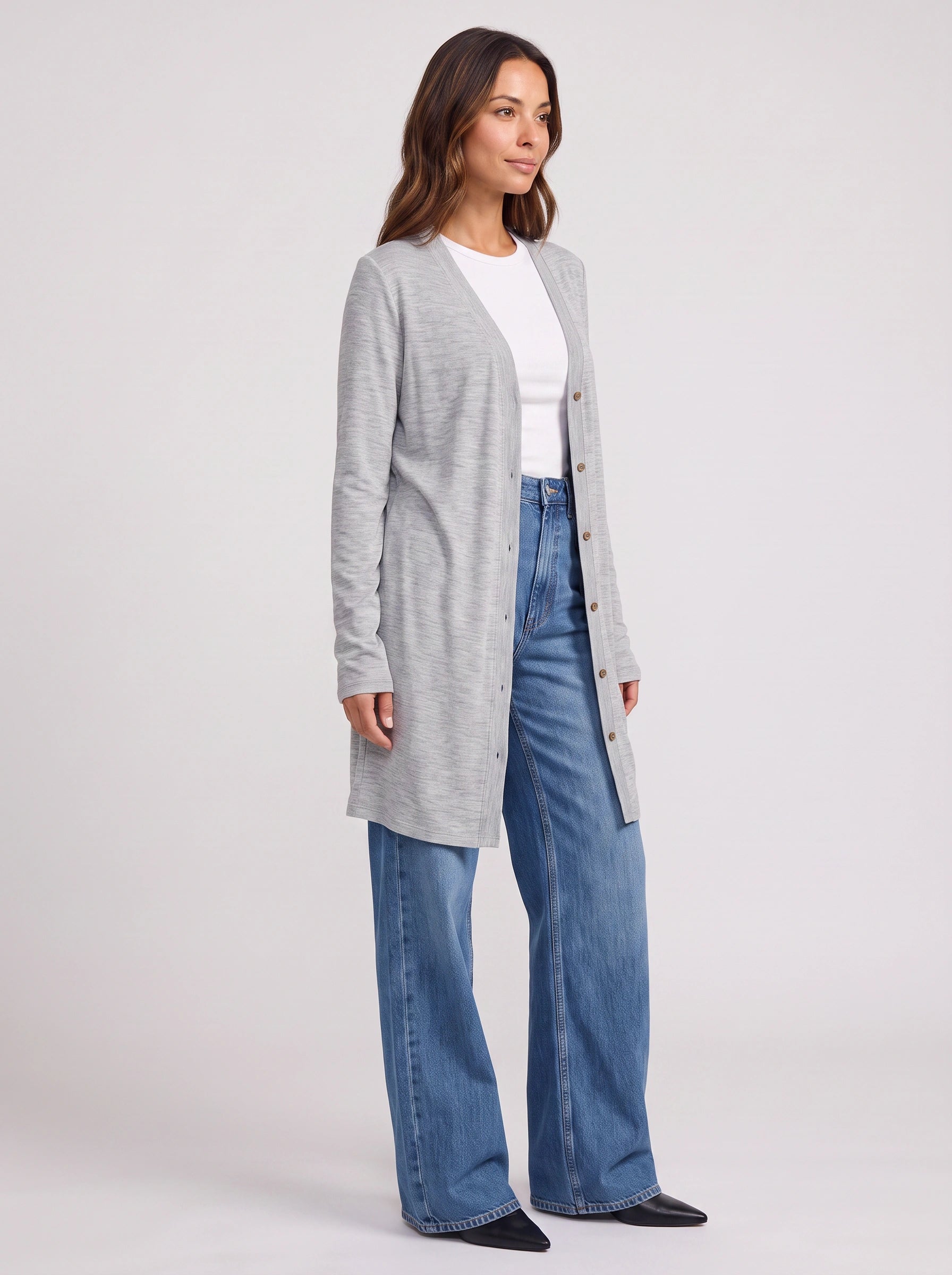 Grayne Longline Button Cardigan – Women Business Casual Attire Ladies Corporate Casual Open Front Longline Cardigan