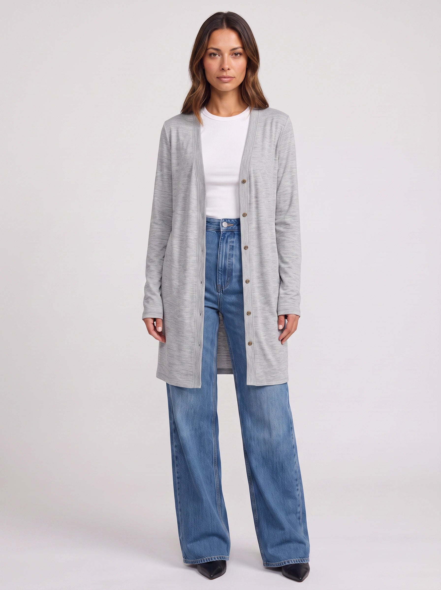 Grayne Longline Button Cardigan – Women Business Casual Attire Ladies Corporate Casual Open Front Longline Cardigan
