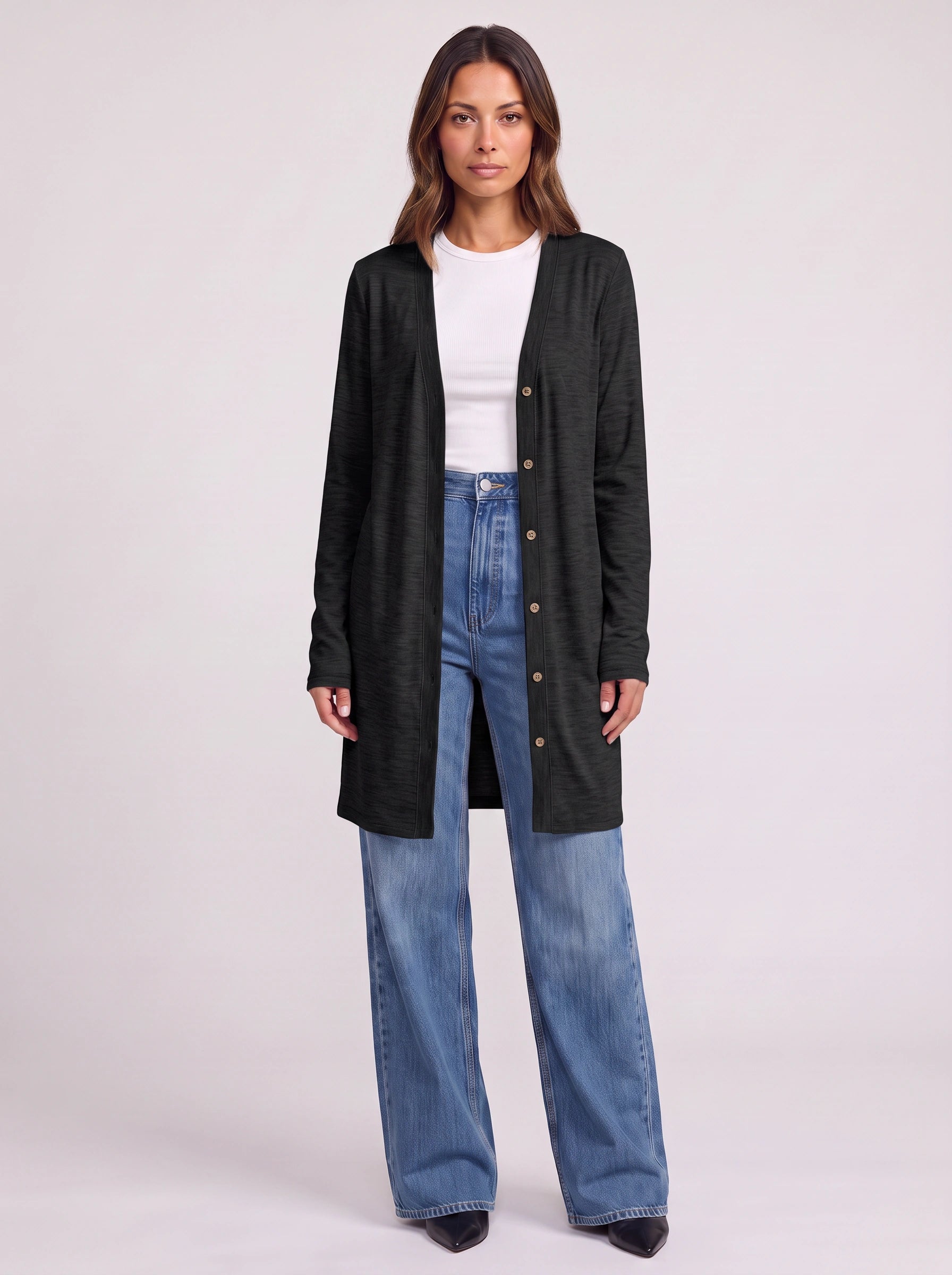 Grayne Longline Button Cardigan – Women Business Casual Attire Ladies Corporate Casual Open Front Longline Cardigan