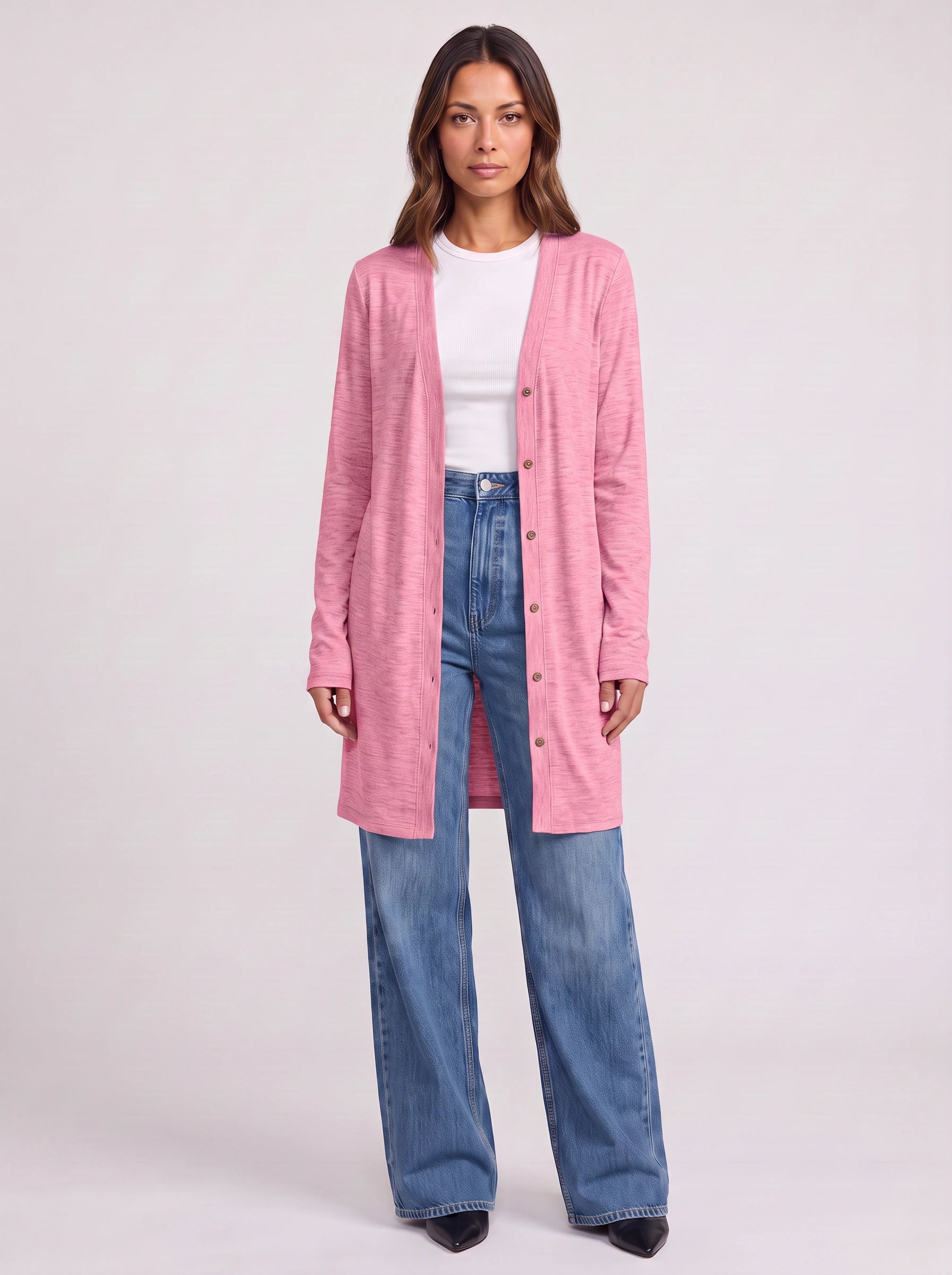 Grayne Longline Button Cardigan – Women Business Casual Attire Ladies Corporate Casual Open Front Longline Cardigan