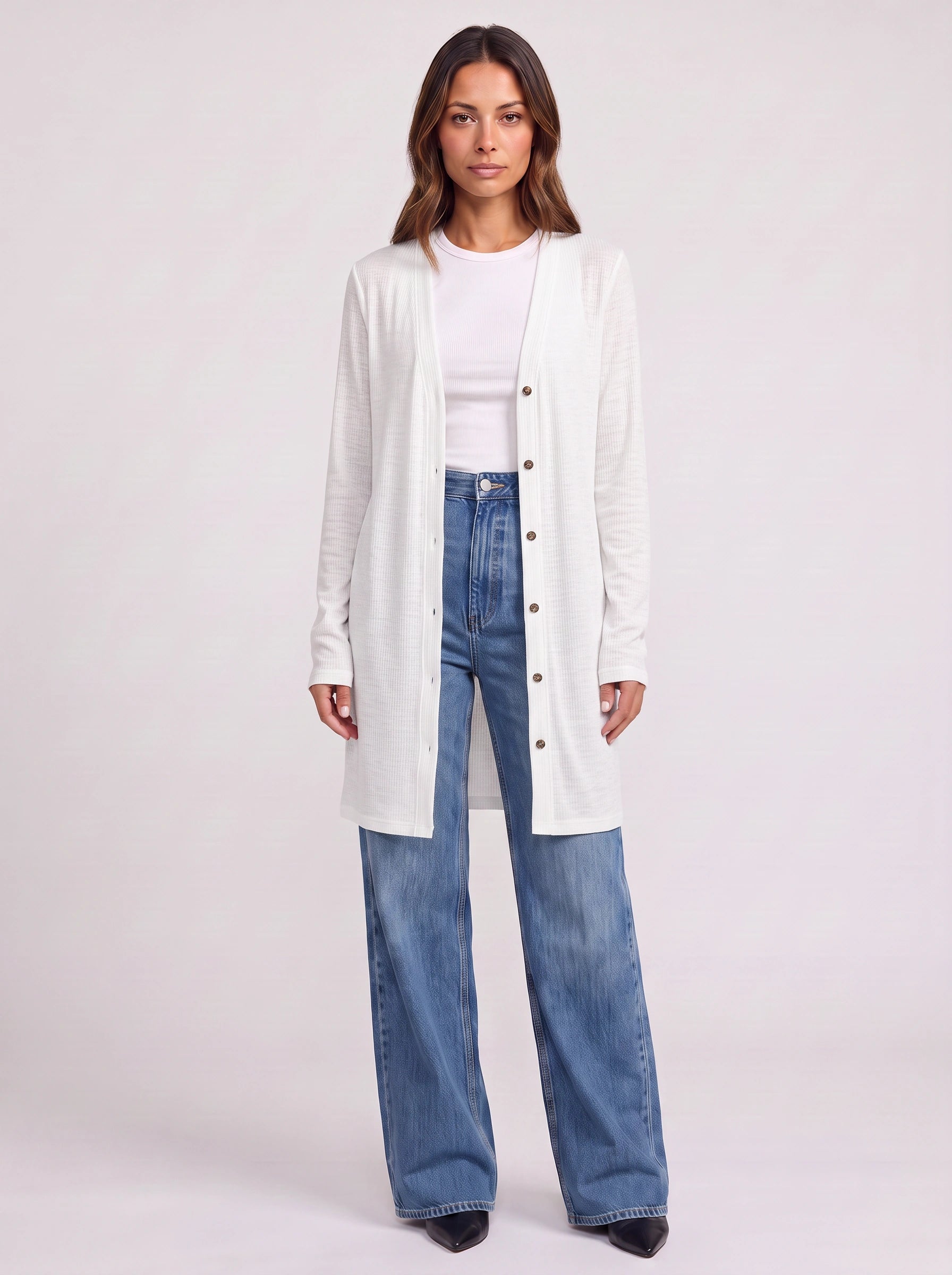 Grayne Longline Button Cardigan – Women Business Casual Attire Ladies Corporate Casual Open Front Longline Cardigan