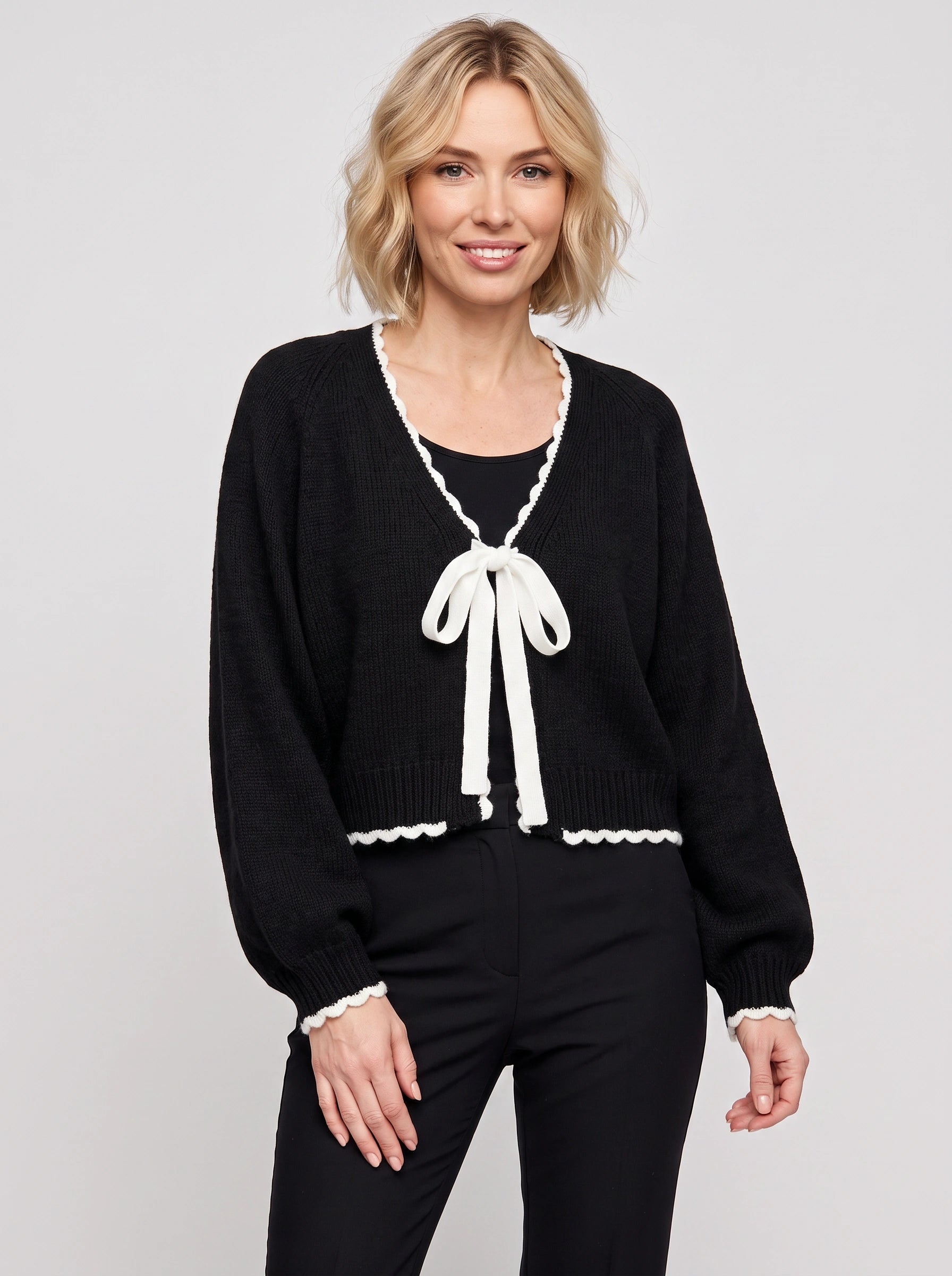 Bownette Cropped Tie Front Cardigan – Black Cardigan Sweater Women Long Sleeve Knit Top Ties Front Contrast Trim