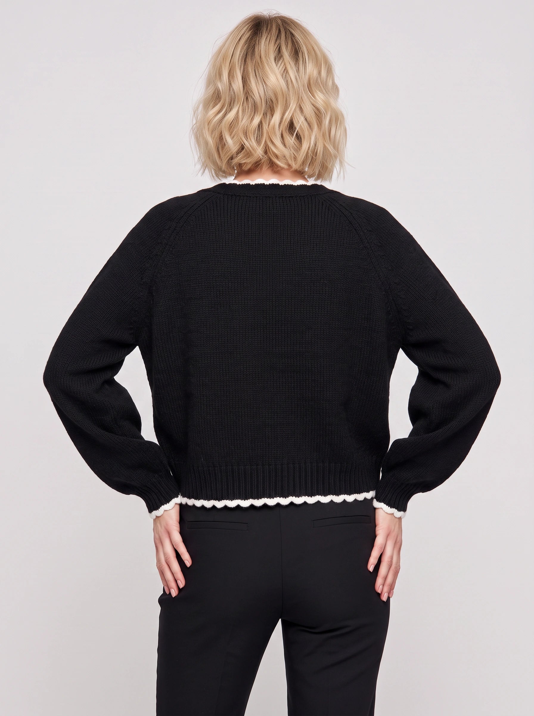 Bownette Cropped Tie Front Cardigan – Black Cardigan Sweater Women Long Sleeve Knit Top Ties Front Contrast Trim