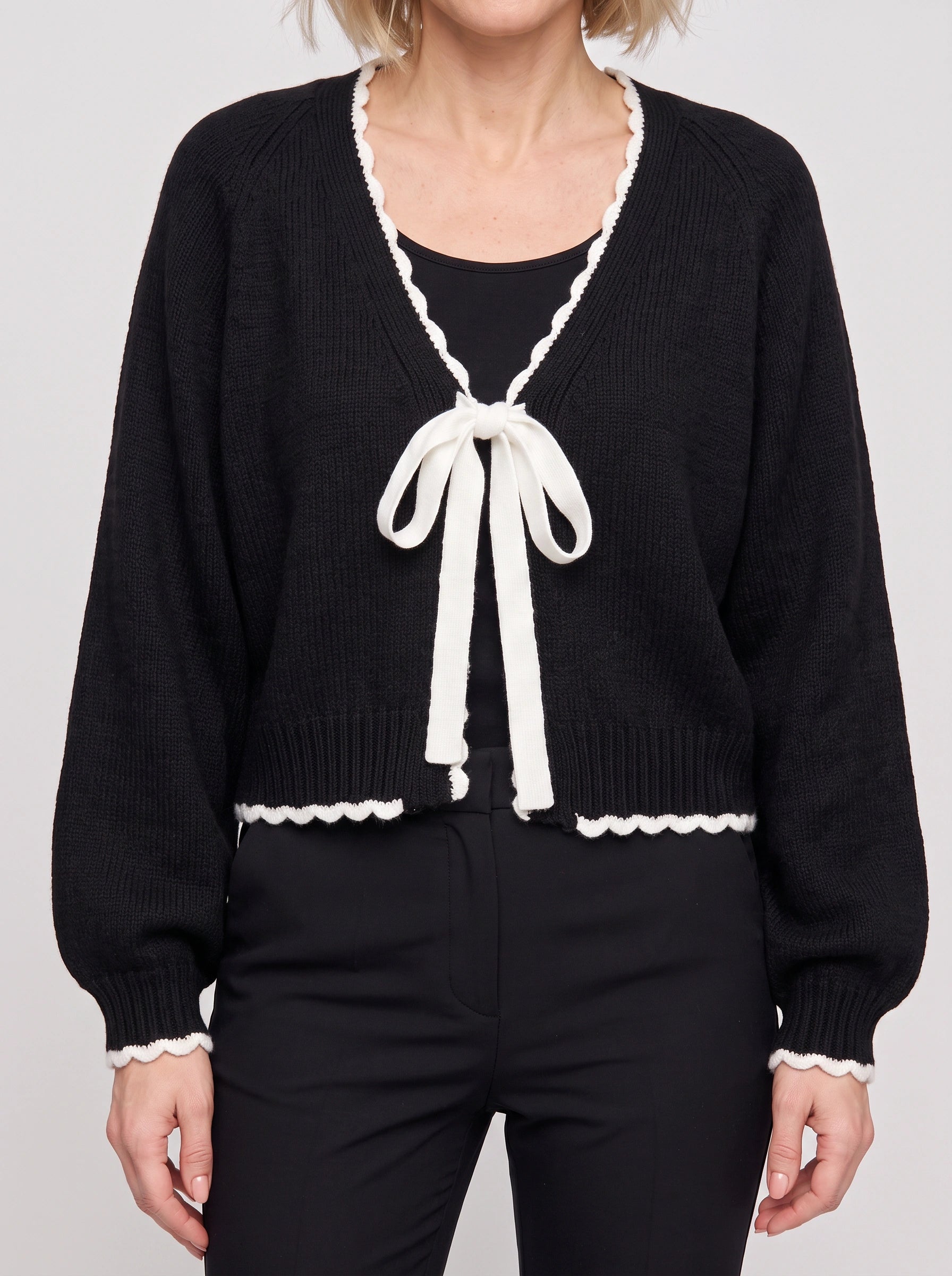 Bownette Cropped Tie Front Cardigan – Black Cardigan Sweater Women Long Sleeve Knit Top Ties Front Contrast Trim