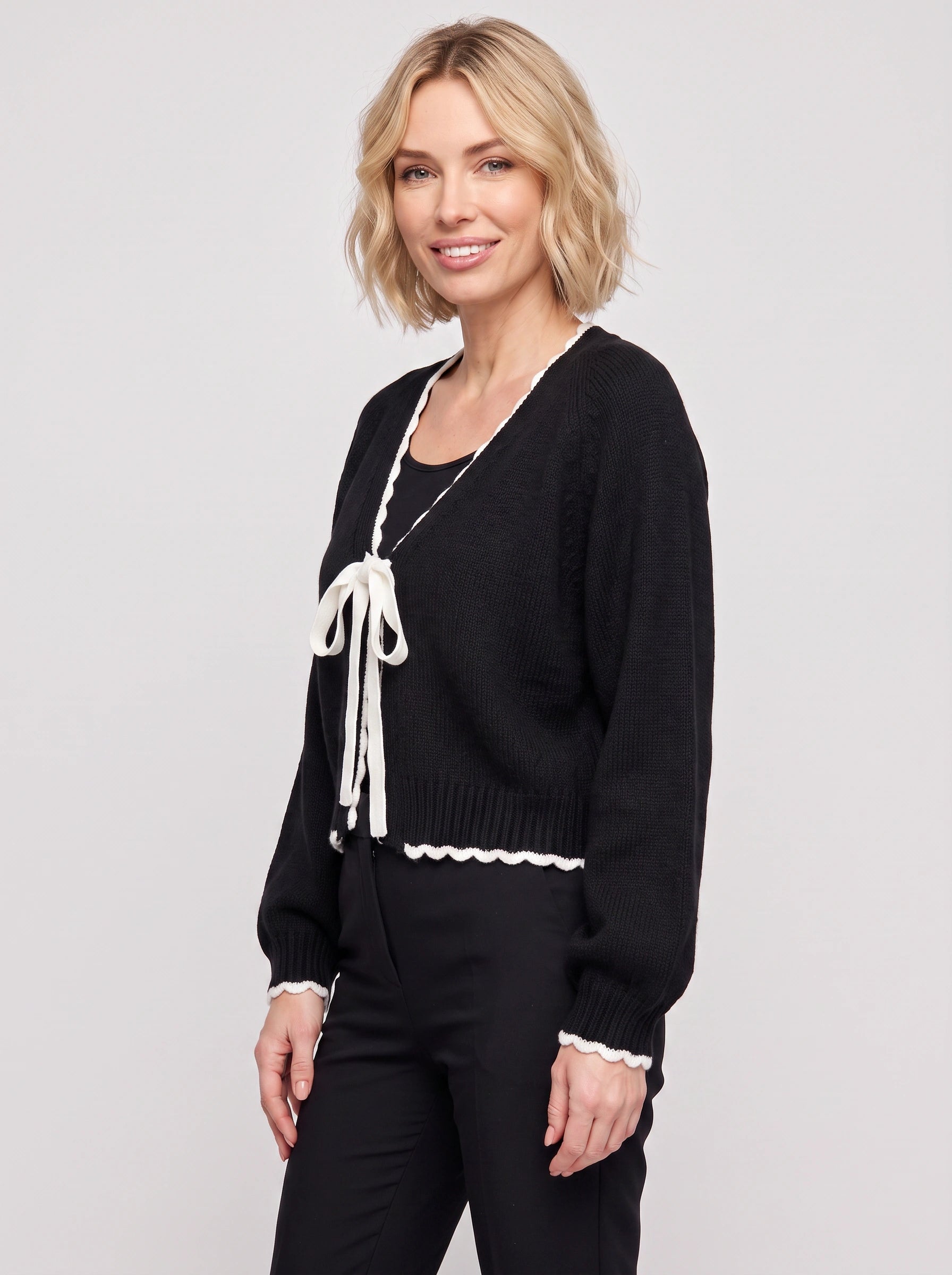 Bownette Cropped Tie Front Cardigan – Black Cardigan Sweater Women Long Sleeve Knit Top Ties Front Contrast Trim