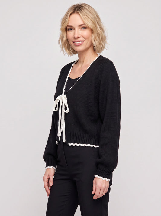 Bownette Cropped Tie Front Cardigan – Black Cardigan Sweater Women Long Sleeve Knit Top Ties Front Contrast Trim