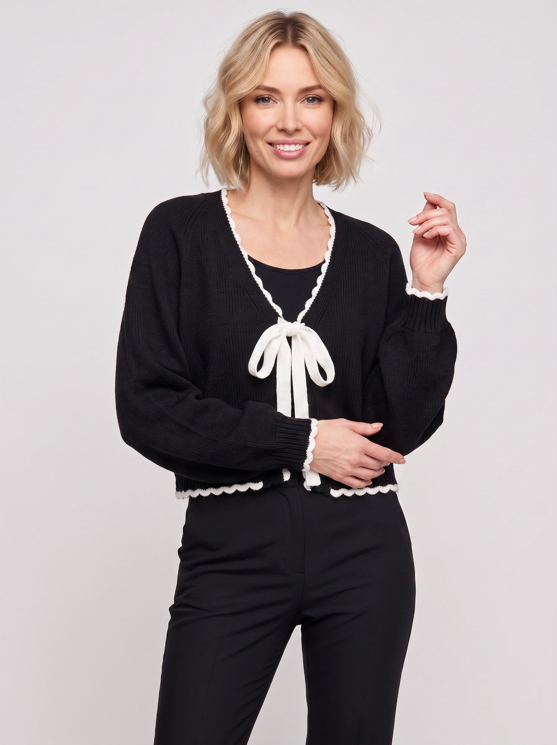 Bownette Cropped Tie Front Cardigan – Black Cardigan Sweater Women Long Sleeve Knit Top Ties Front Contrast Trim
