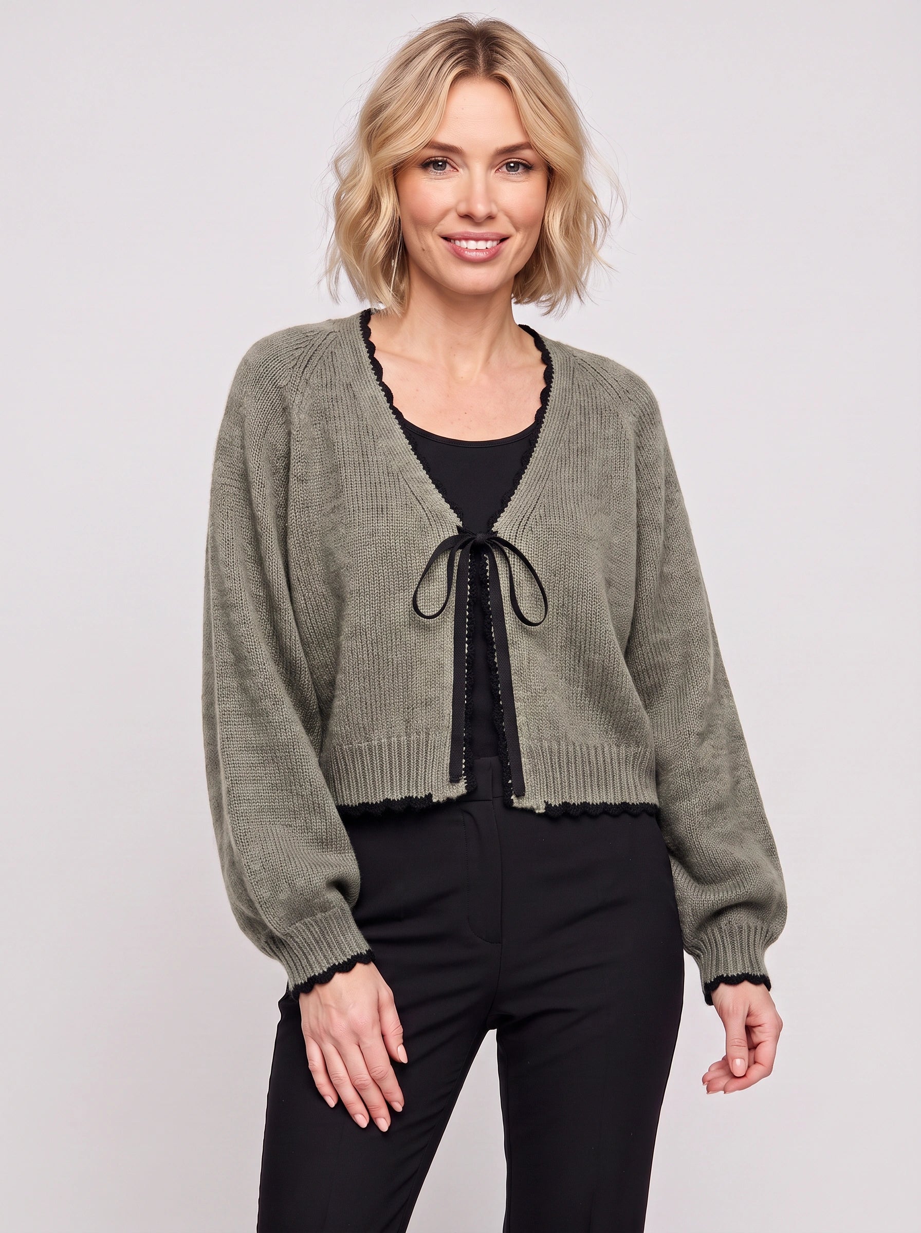 Bownette Cropped Tie Front Cardigan – Black Cardigan Sweater Women Long Sleeve Knit Top Ties Front Contrast Trim
