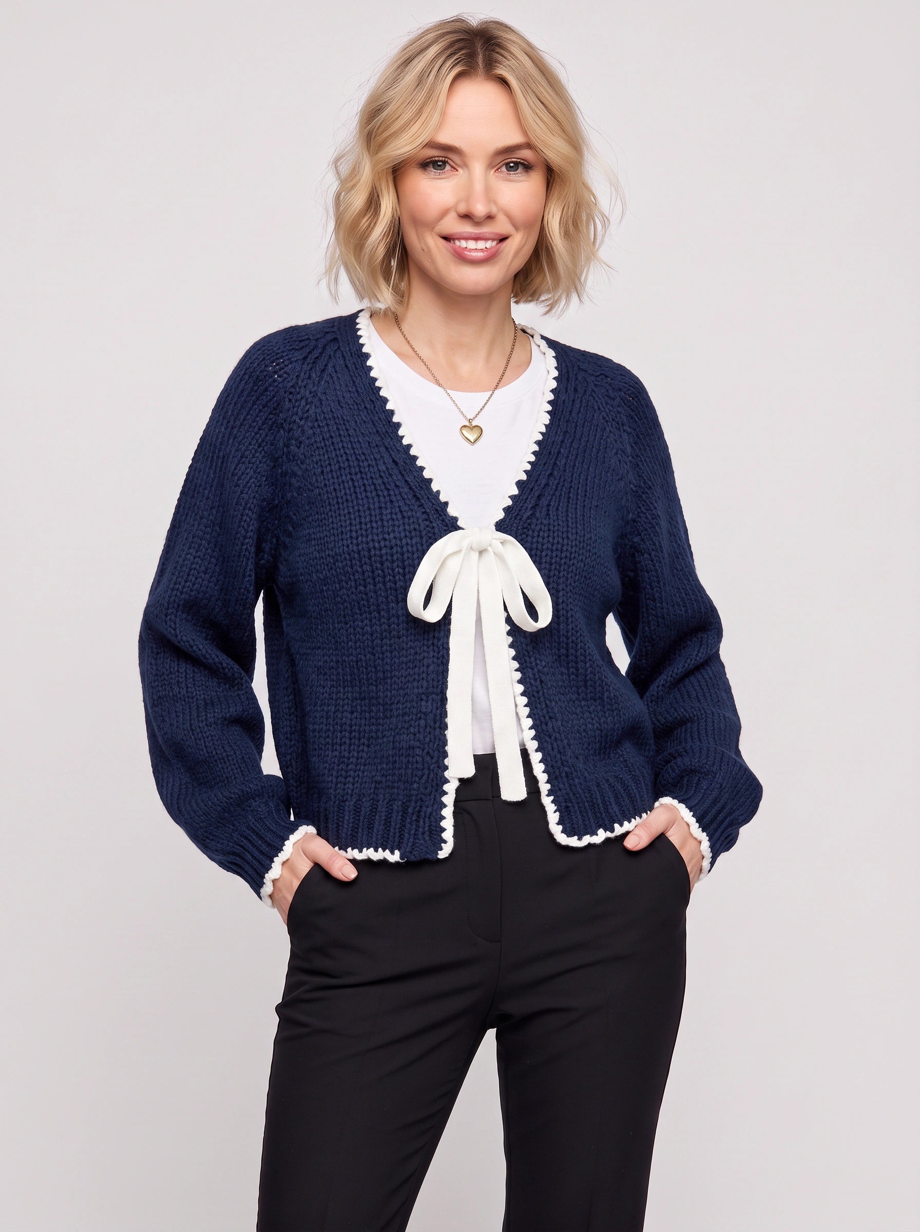 Bownette Cropped Tie Front Cardigan – Black Cardigan Sweater Women Long Sleeve Knit Top Ties Front Contrast Trim