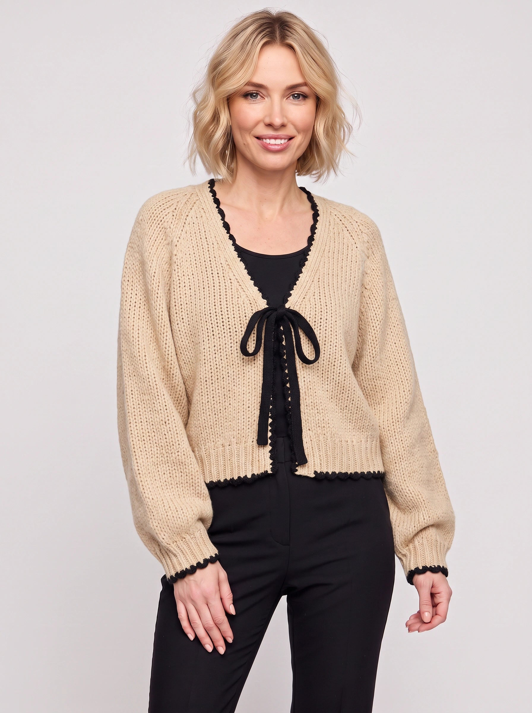 Bownette Cropped Tie Front Cardigan – Black Cardigan Sweater Women Long Sleeve Knit Top Ties Front Contrast Trim