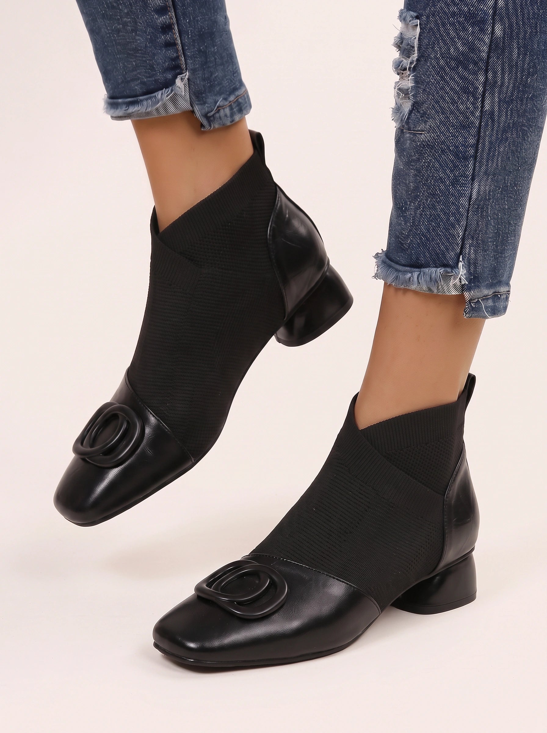 Torque Knit Sock Ankle Boots – Women Leather Square Toe Kitten Heel Ankle Boots Winter