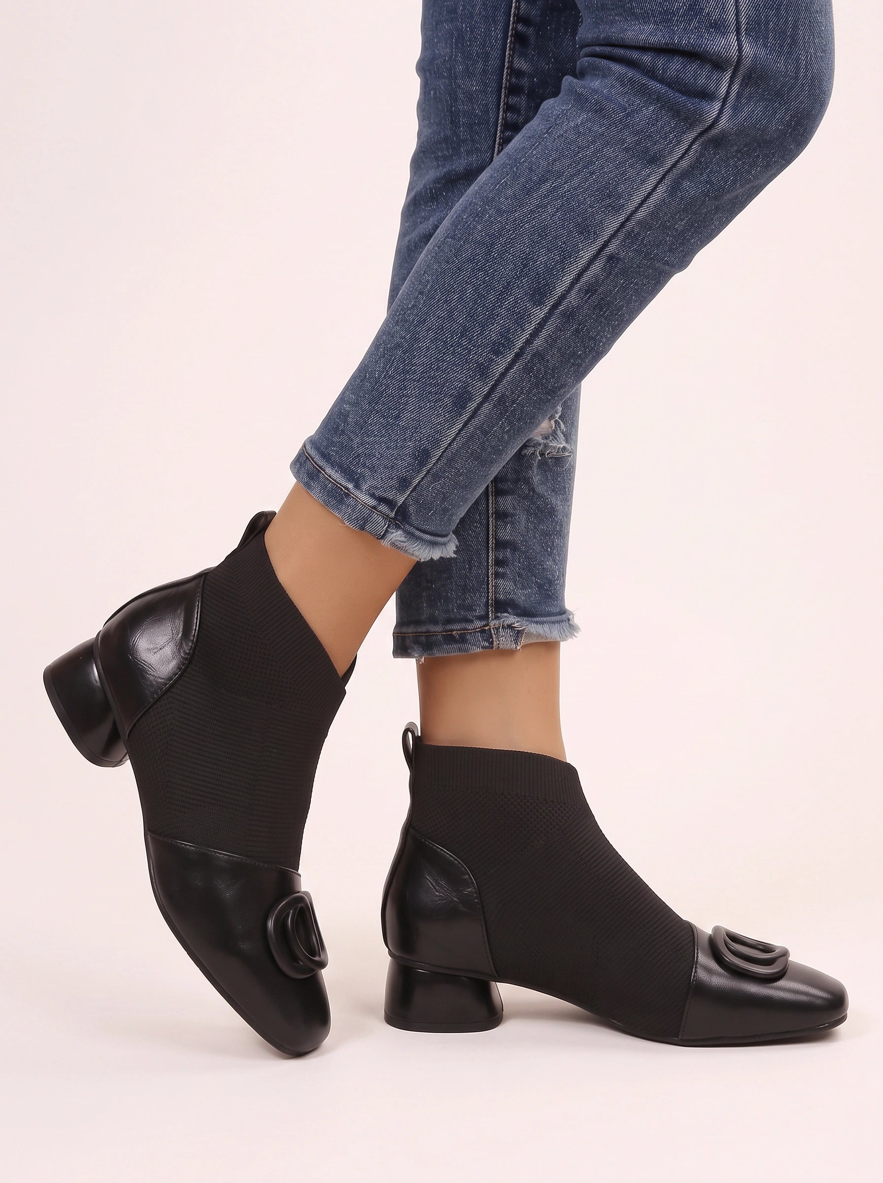 Torque Knit Sock Ankle Boots – Women Leather Square Toe Kitten Heel Ankle Boots Winter
