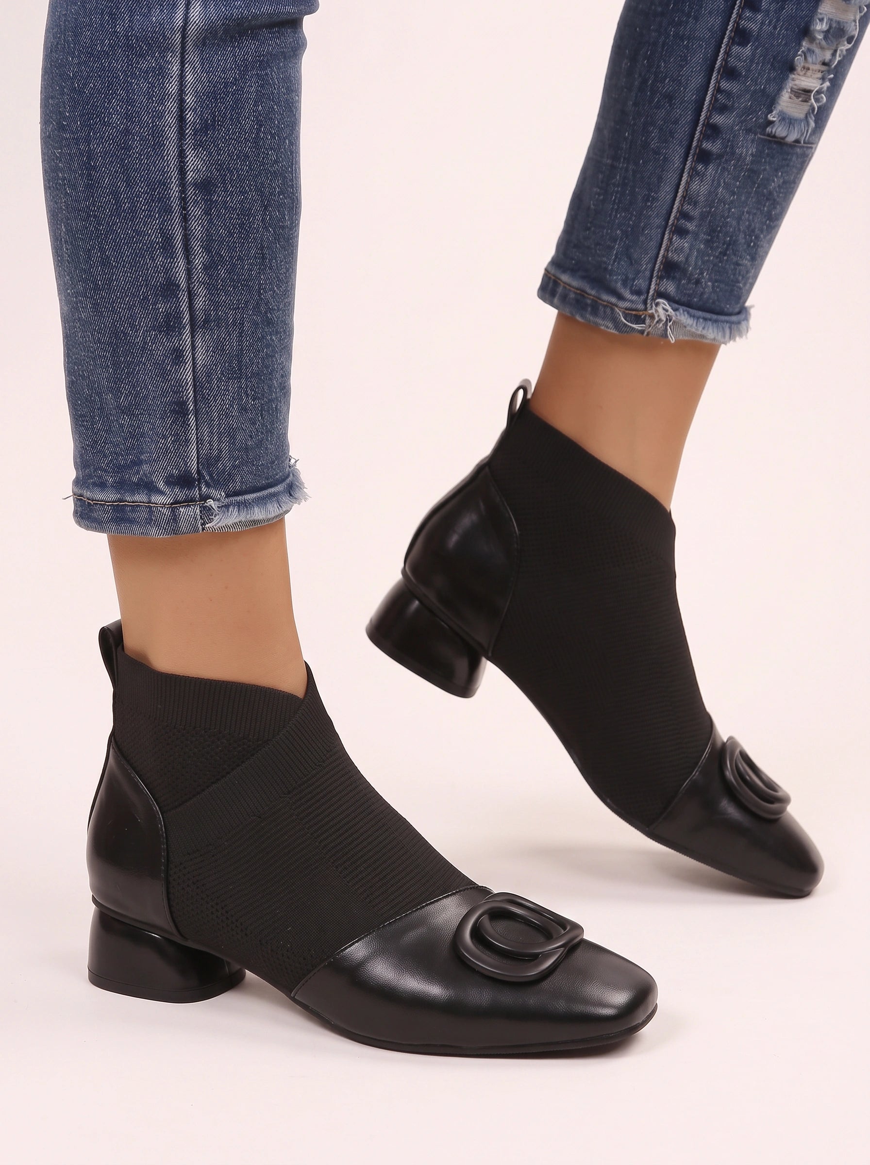 Torque Knit Sock Ankle Boots – Women Leather Square Toe Kitten Heel Ankle Boots Winter