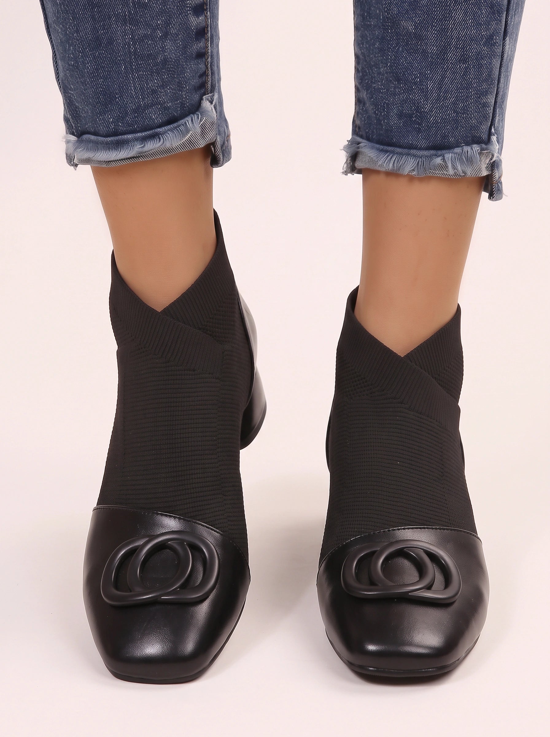Torque Knit Sock Ankle Boots – Women Leather Square Toe Kitten Heel Ankle Boots Winter