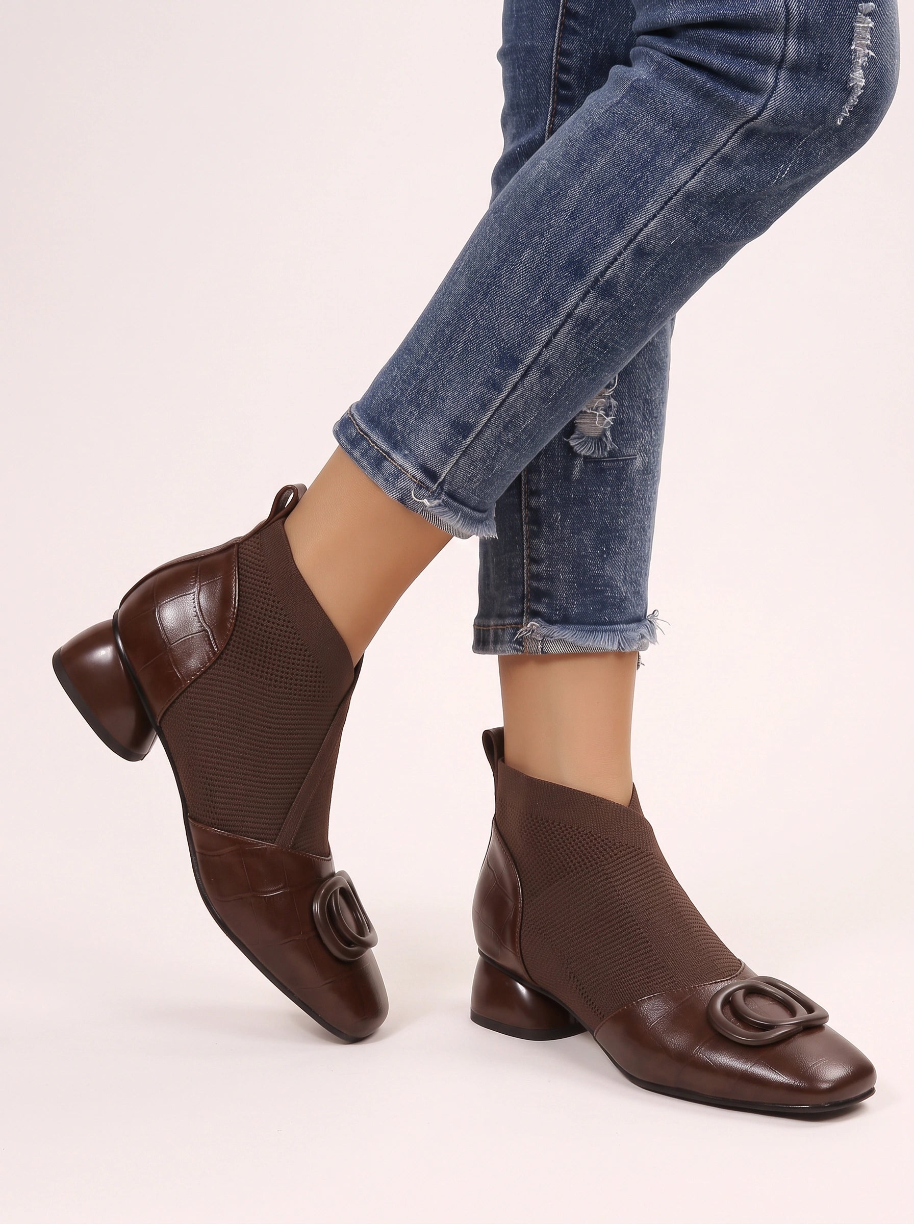 Torque Knit Sock Ankle Boots – Women Leather Square Toe Kitten Heel Ankle Boots Winter