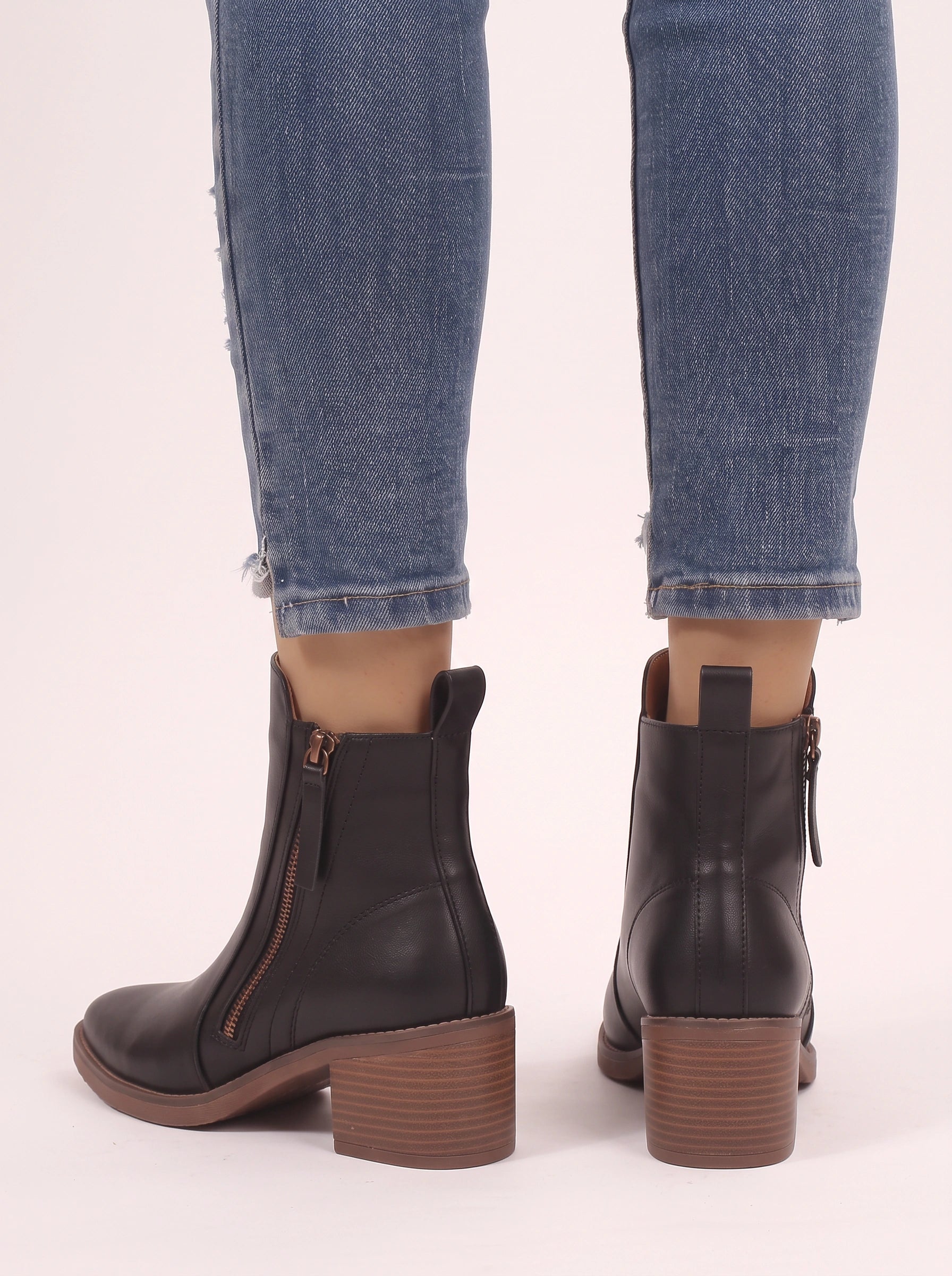 Zipstride Leather Ankle Boots – Women Block Heel Booties Winter Casual Kitten Heels Ankle Boots