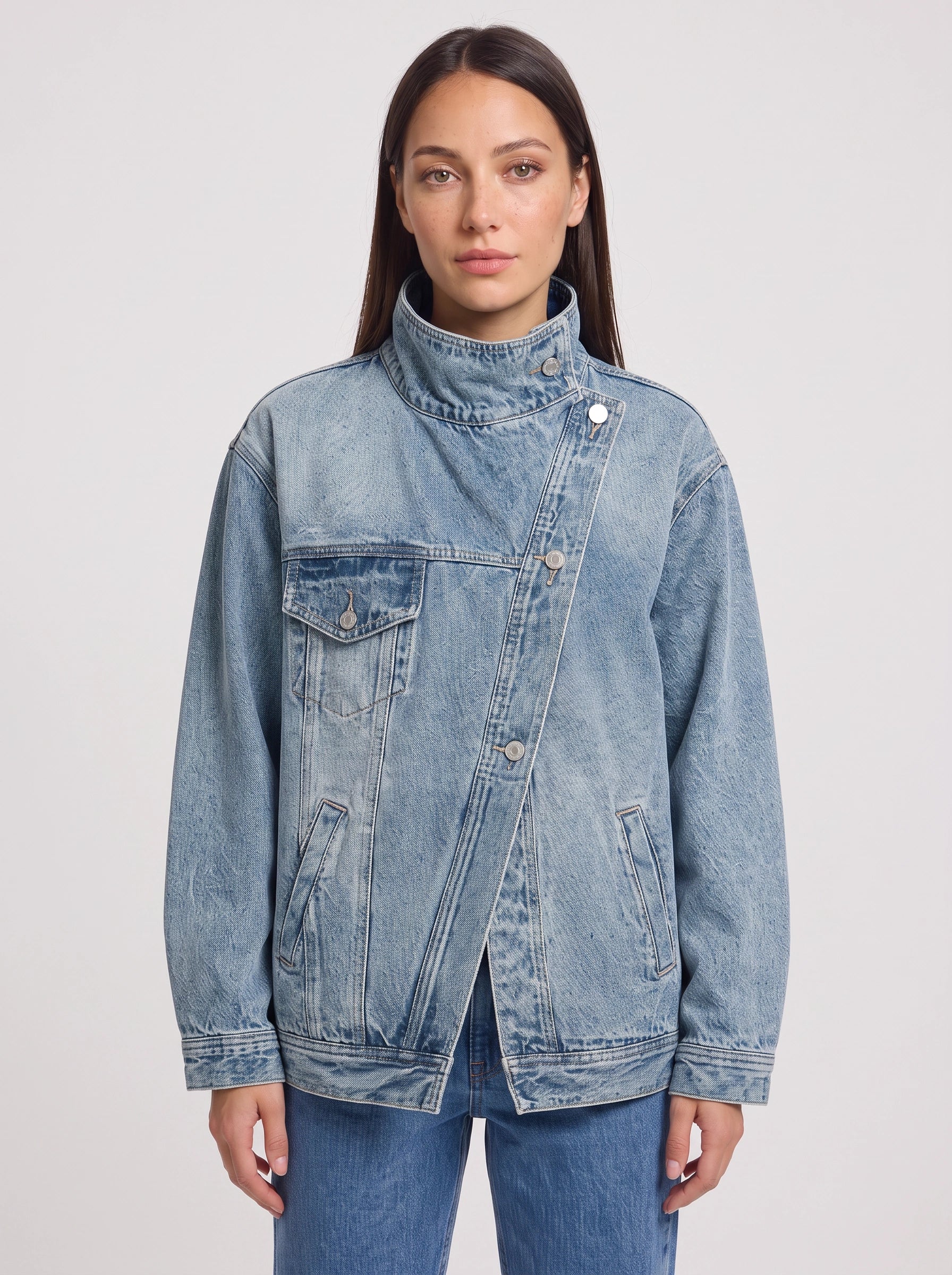 Stonbrit Oversized Funnel Neck Denim Jacket – Women Casual Streetwear Longline Boyfriend Denim Jacket