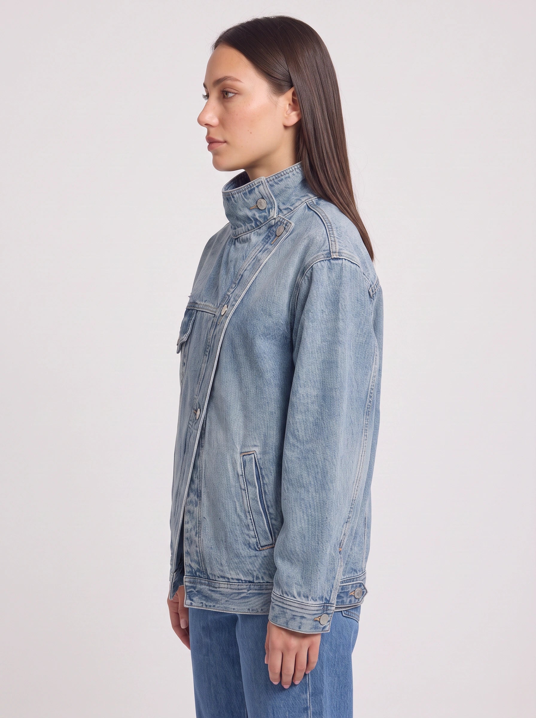 Stonbrit Oversized Funnel Neck Denim Jacket – Women Casual Streetwear Longline Boyfriend Denim Jacket