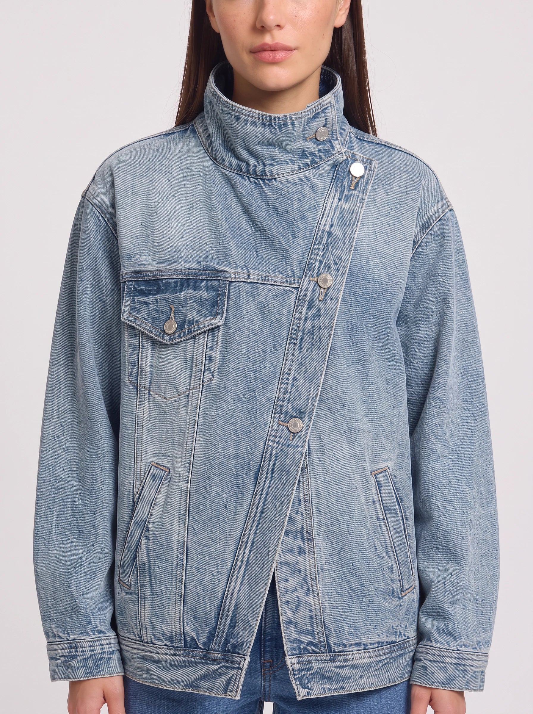 Stonbrit Oversized Funnel Neck Denim Jacket – Women Casual Streetwear Longline Boyfriend Denim Jacket