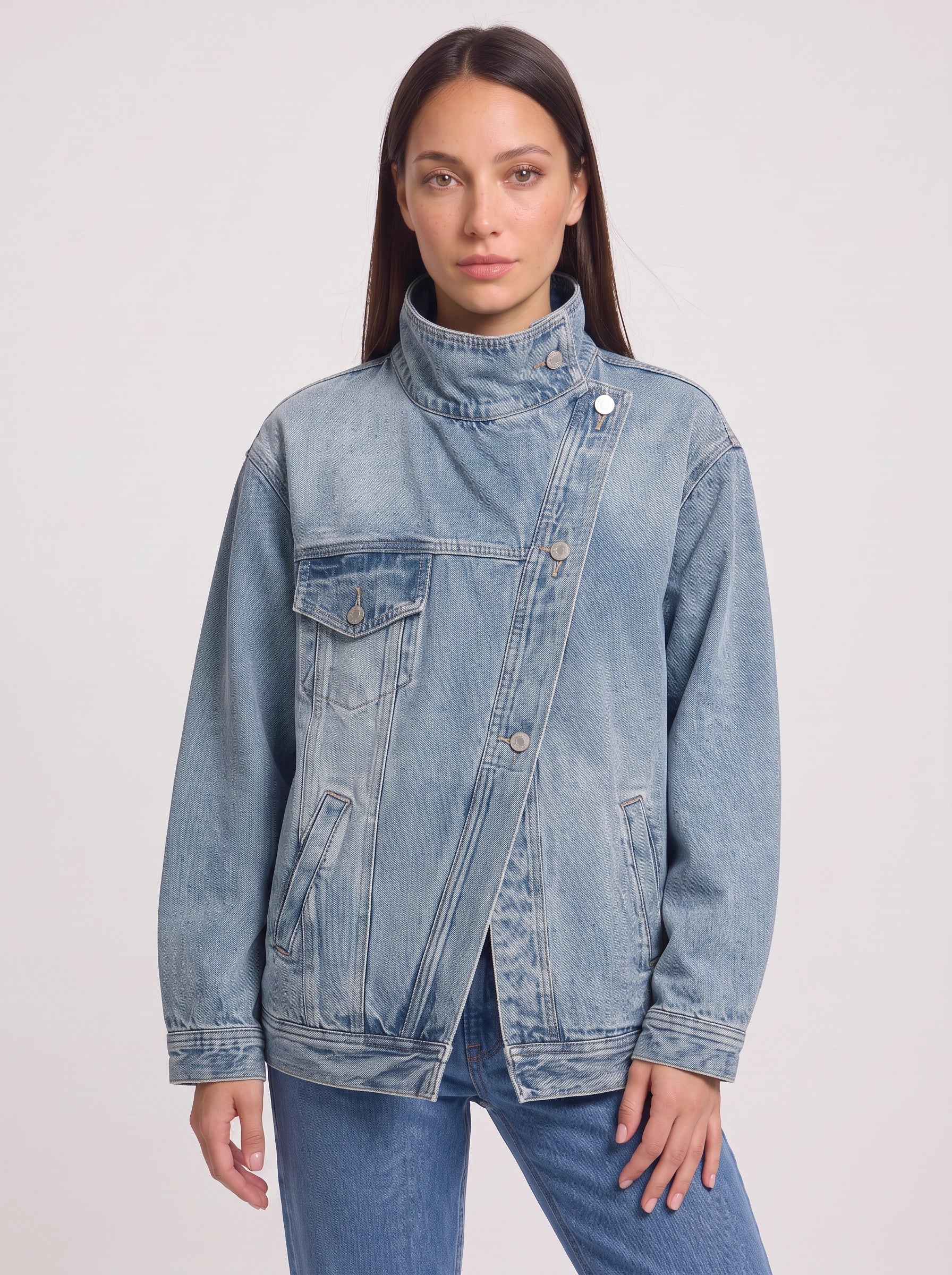 Stonbrit Oversized Funnel Neck Denim Jacket – Women Casual Streetwear Longline Boyfriend Denim Jacket