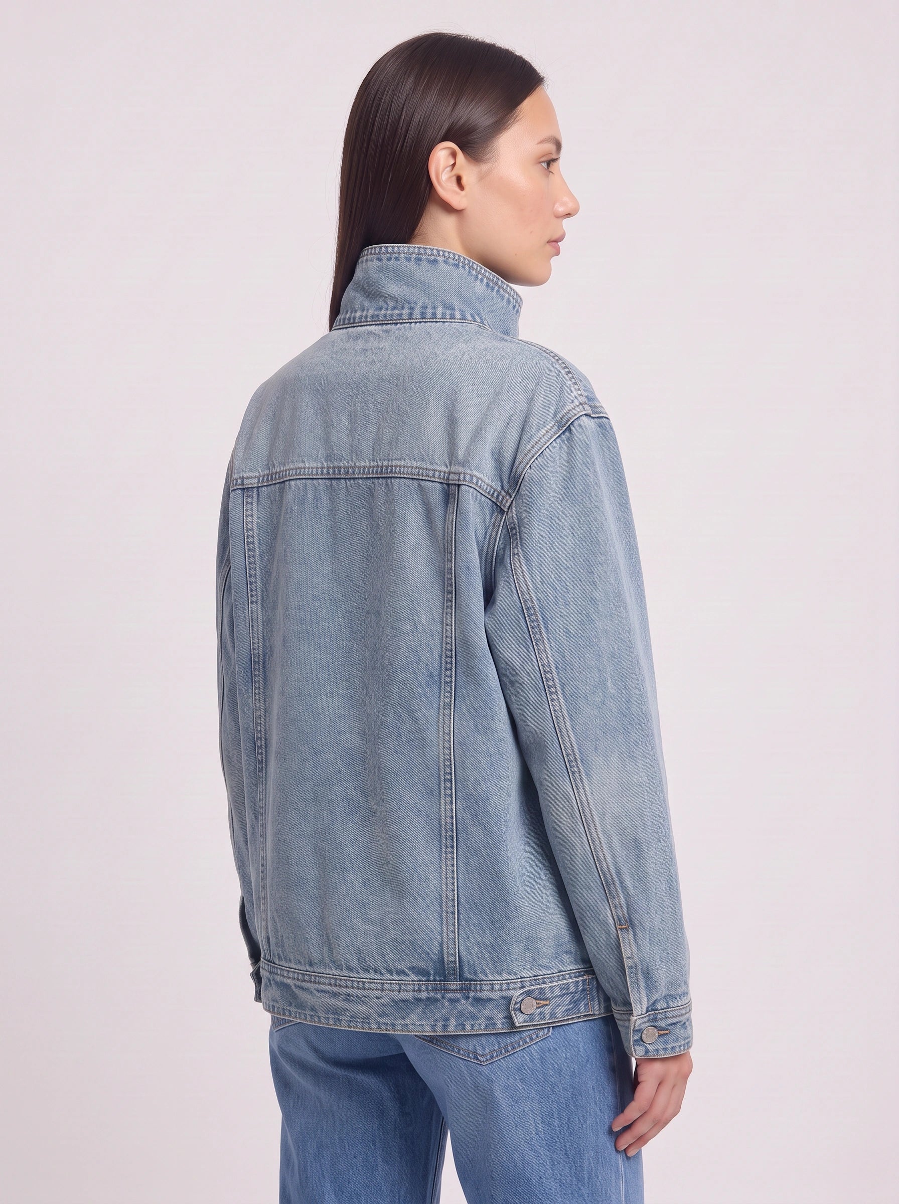 Stonbrit Oversized Funnel Neck Denim Jacket – Women Casual Streetwear Longline Boyfriend Denim Jacket