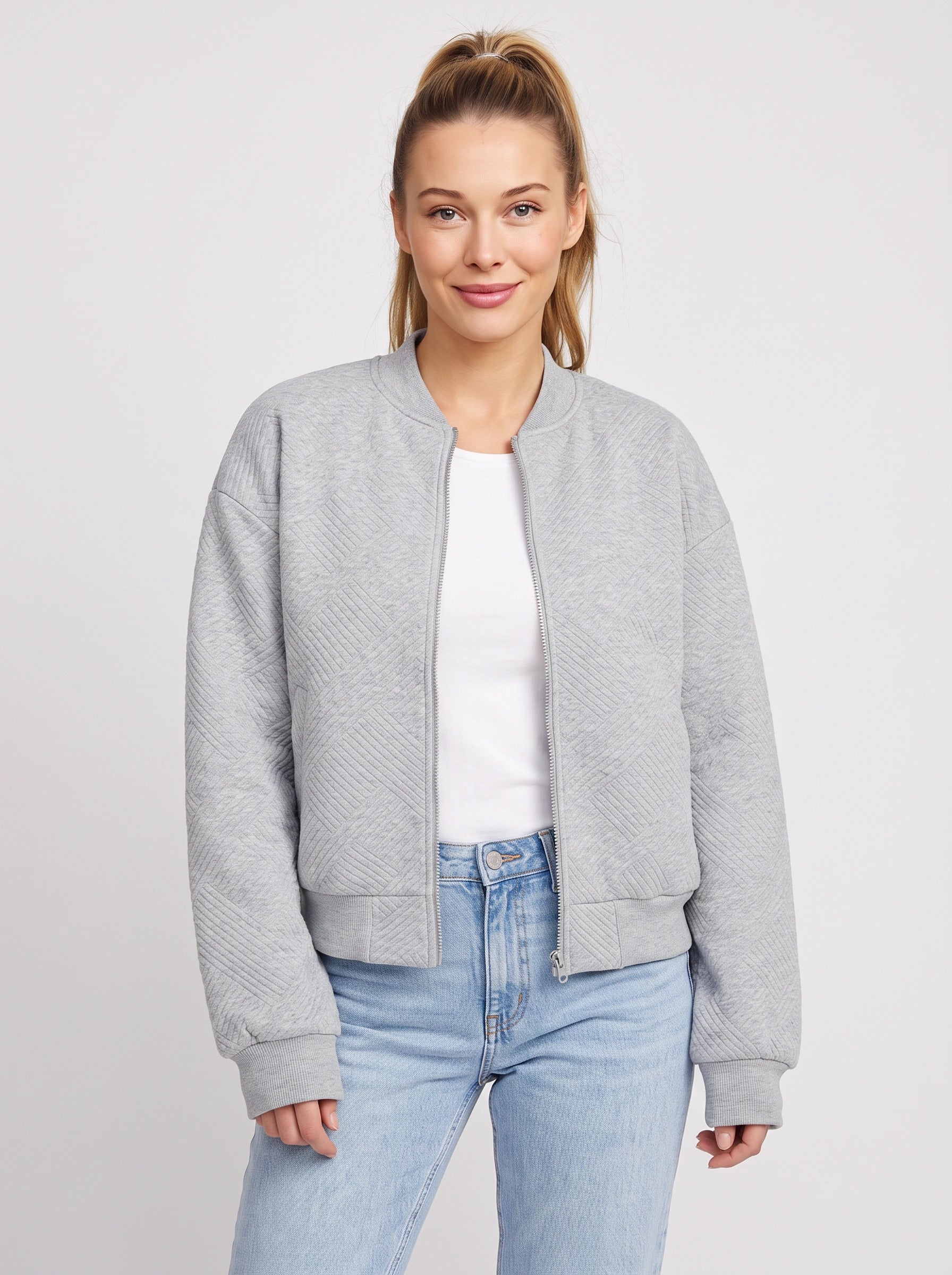Quiltra Diamond Quilted Bomber Jacket – Women Casual Everyday Athleisure Relaxed Zip Front Jacket