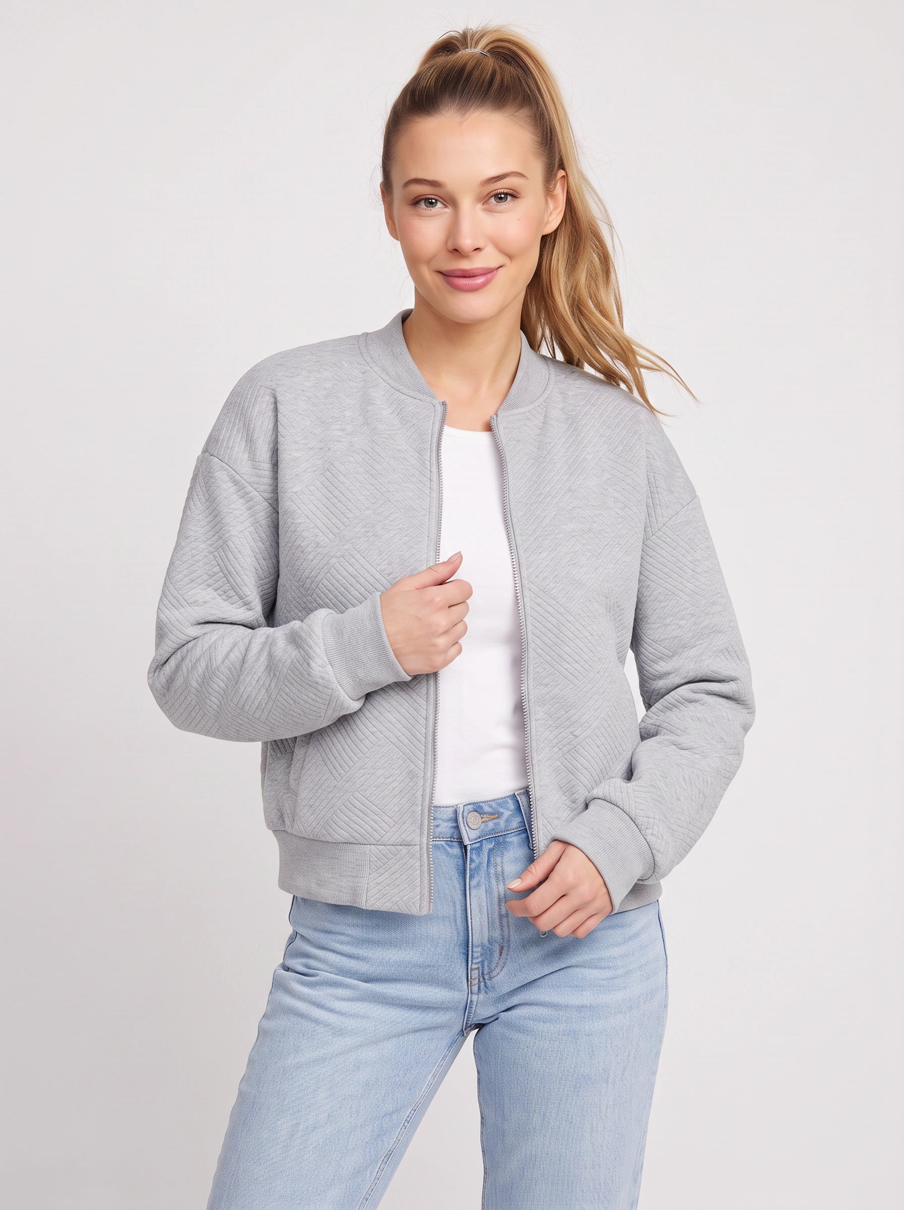Quiltra Diamond Quilted Bomber Jacket – Women Casual Everyday Athleisure Relaxed Zip Front Jacket