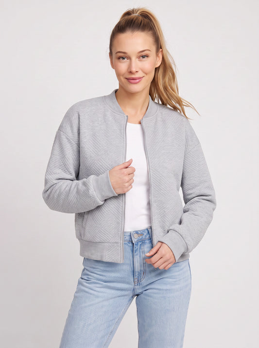 Quiltra Diamond Quilted Bomber Jacket – Women Casual Everyday Athleisure Relaxed Zip Front Jacket