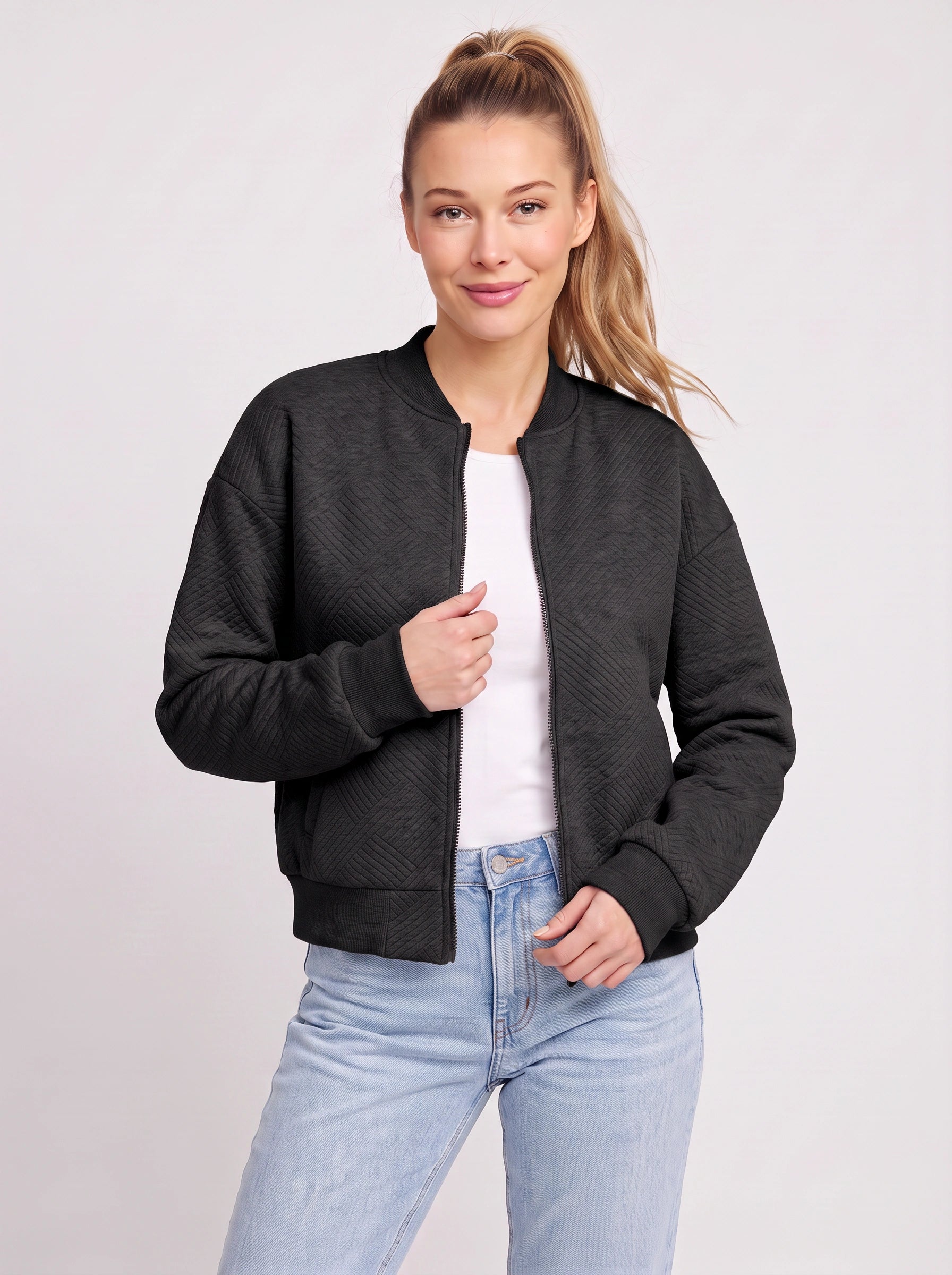 Quiltra Diamond Quilted Bomber Jacket – Women Casual Everyday Athleisure Relaxed Zip Front Jacket