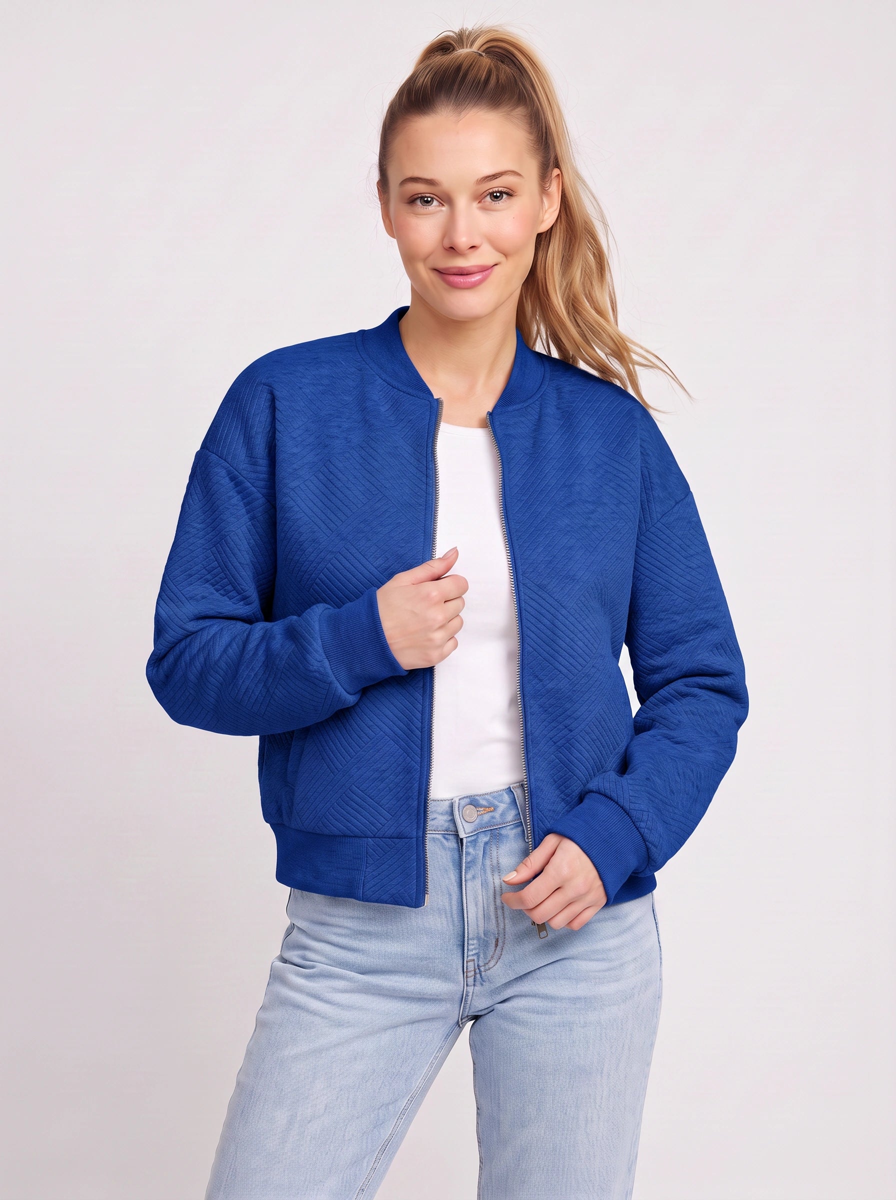 Quiltra Diamond Quilted Bomber Jacket – Women Casual Everyday Athleisure Relaxed Zip Front Jacket
