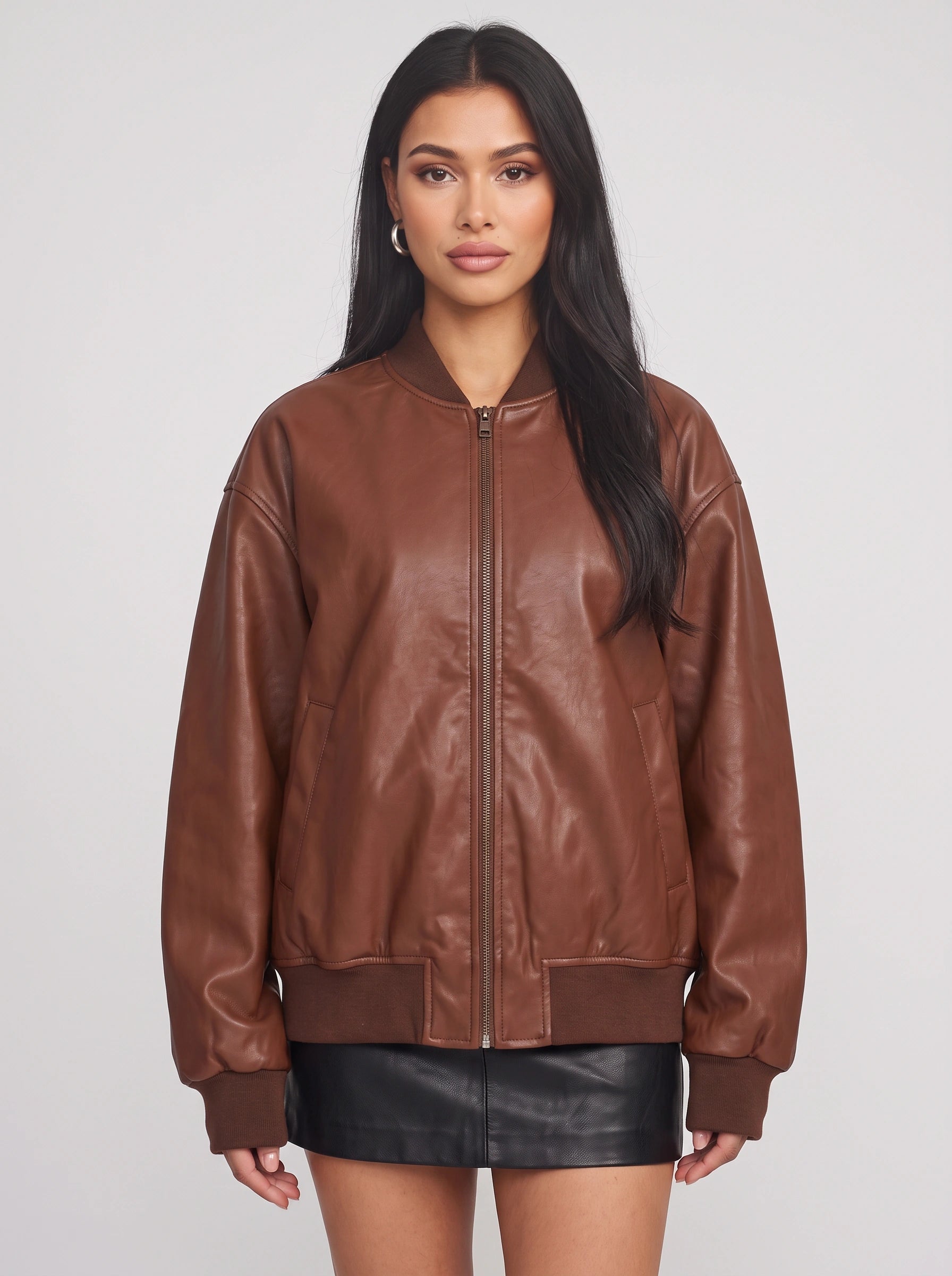 Copria Oversized Leather Bomber Jacket – Women Ribbed Trim Casual Streetwear Winter Bomber Jacket
