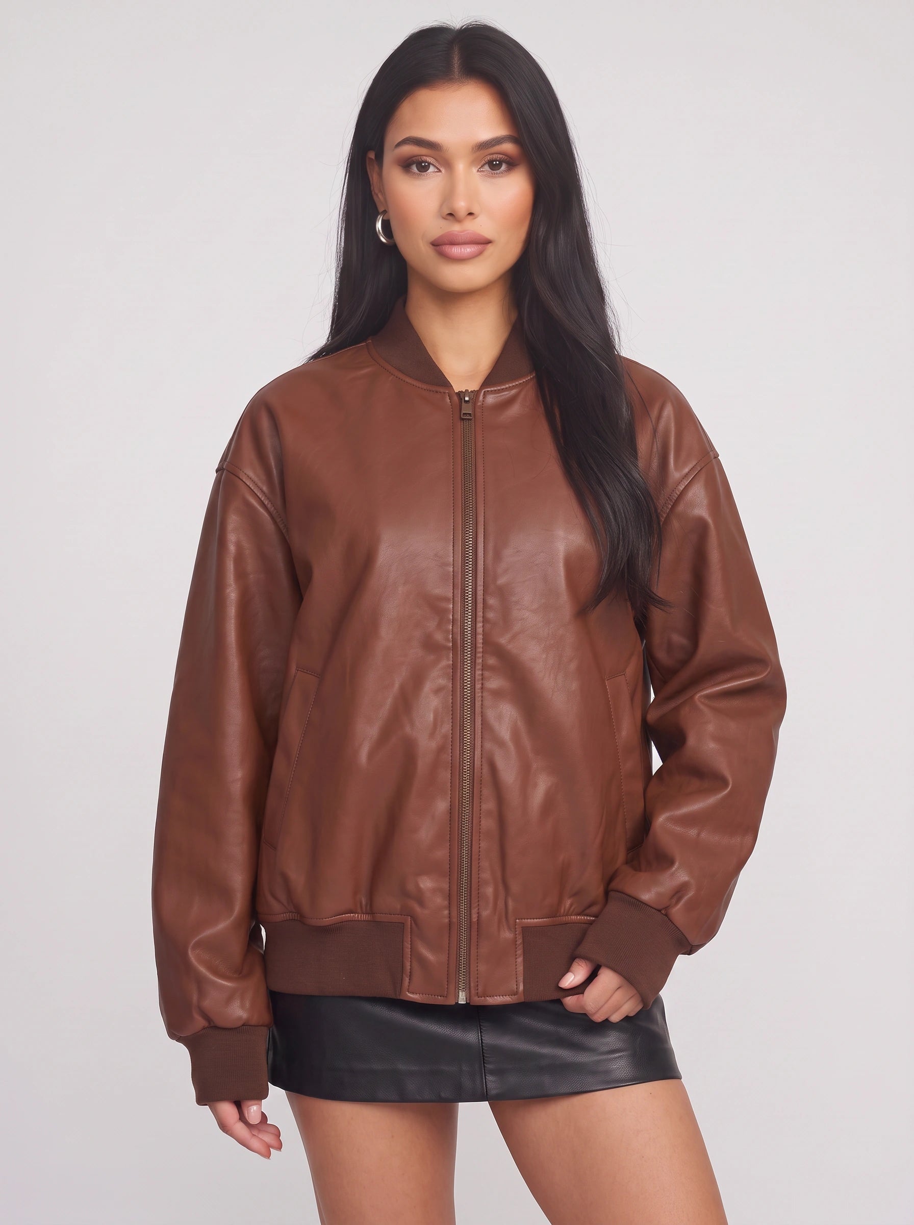 Copria Oversized Leather Bomber Jacket – Women Ribbed Trim Casual Streetwear Winter Bomber Jacket