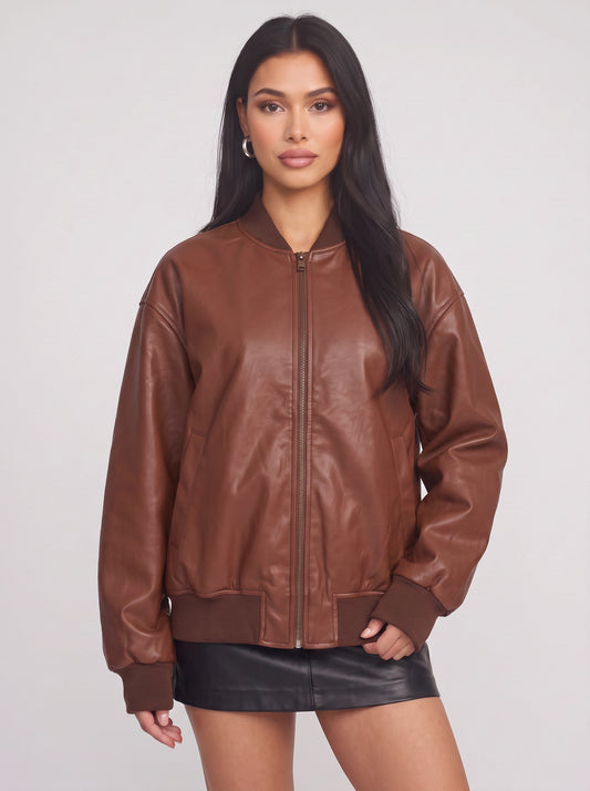 Copria Oversized Leather Bomber Jacket – Women Ribbed Trim Casual Streetwear Winter Bomber Jacket