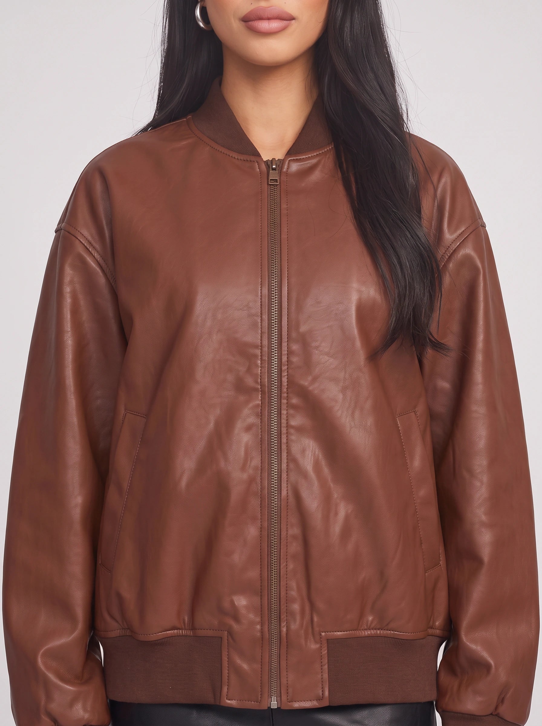 Copria Oversized Leather Bomber Jacket – Women Ribbed Trim Casual Streetwear Winter Bomber Jacket