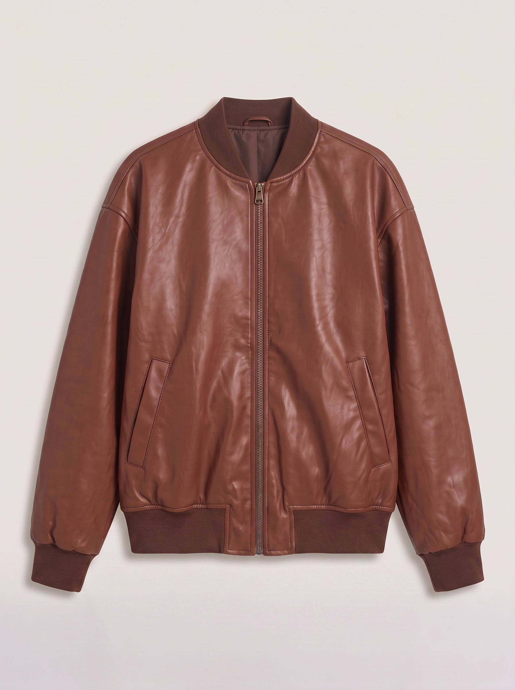 Copria Oversized Leather Bomber Jacket – Women Ribbed Trim Casual Streetwear Winter Bomber Jacket