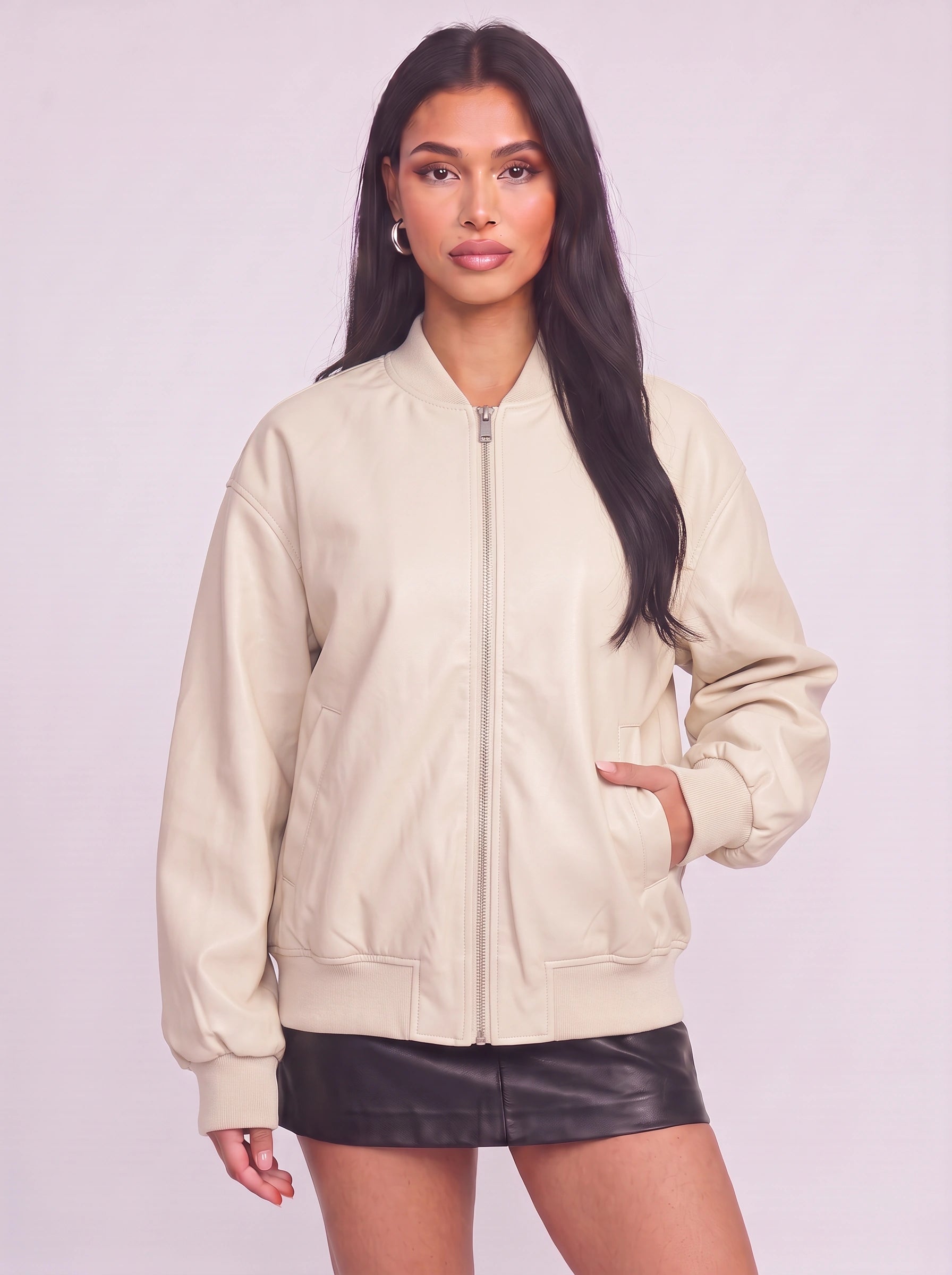 Copria Oversized Leather Bomber Jacket – Women Ribbed Trim Casual Streetwear Winter Bomber Jacket
