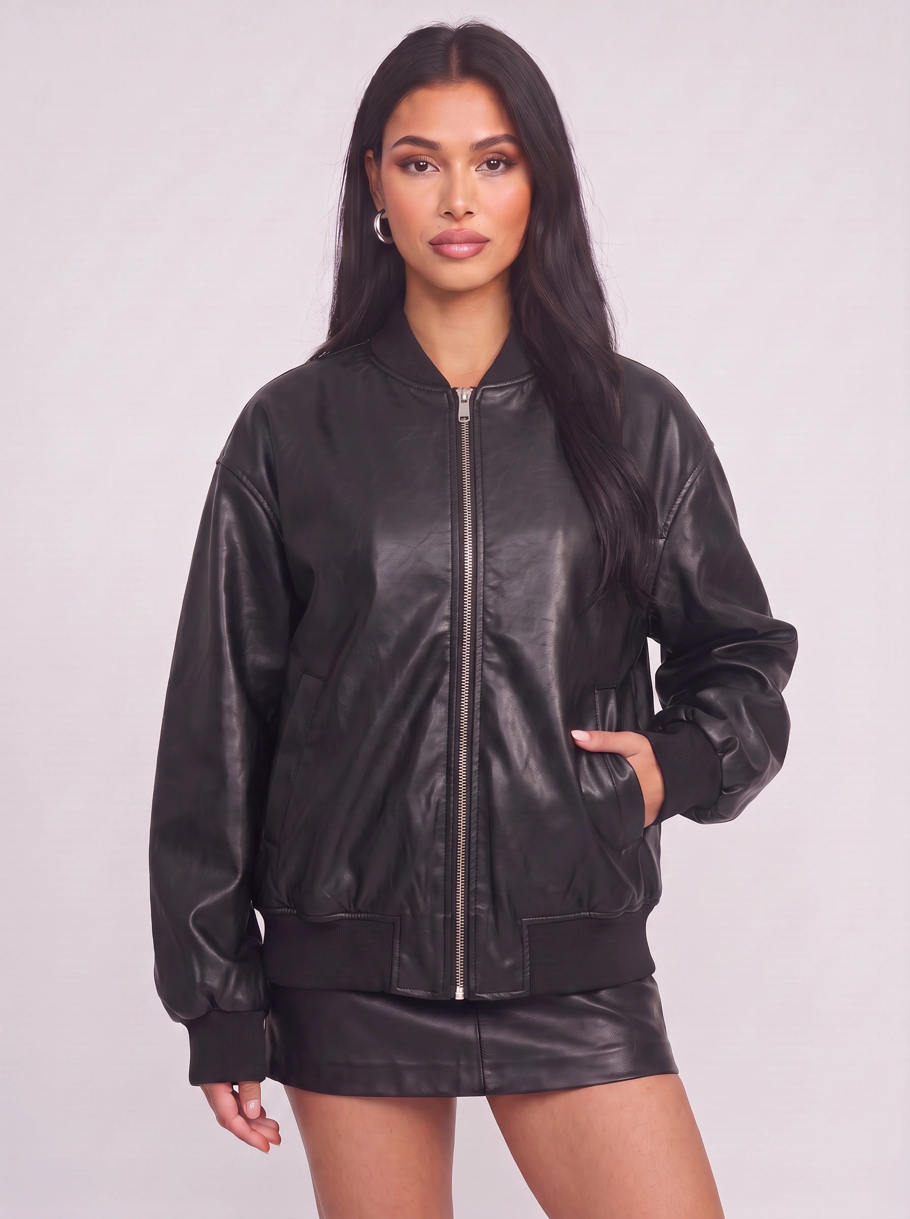 Copria Oversized Leather Bomber Jacket – Women Ribbed Trim Casual Streetwear Winter Bomber Jacket