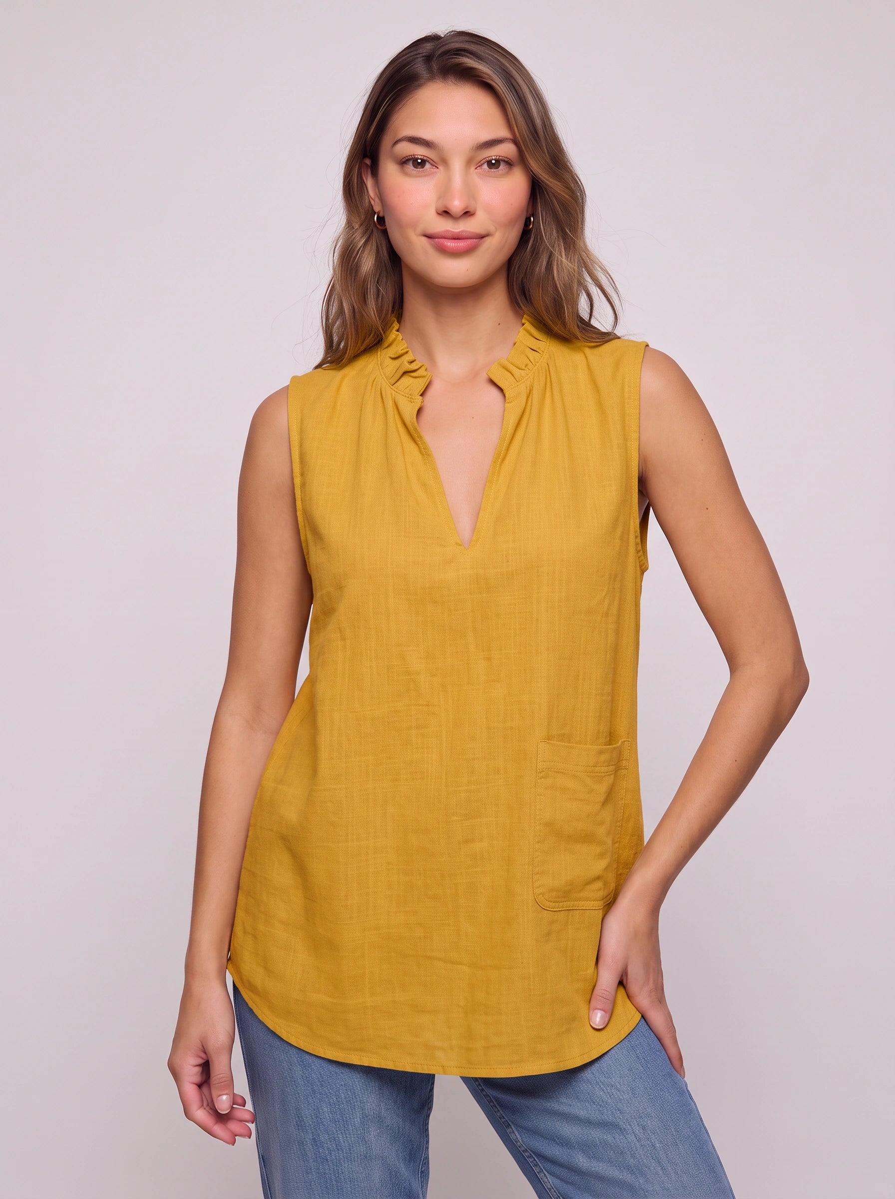 Solenne Ruffle Collar Sleeveless Top – Linen V-Neck Women Summer Casual Blouse Tank Tunic