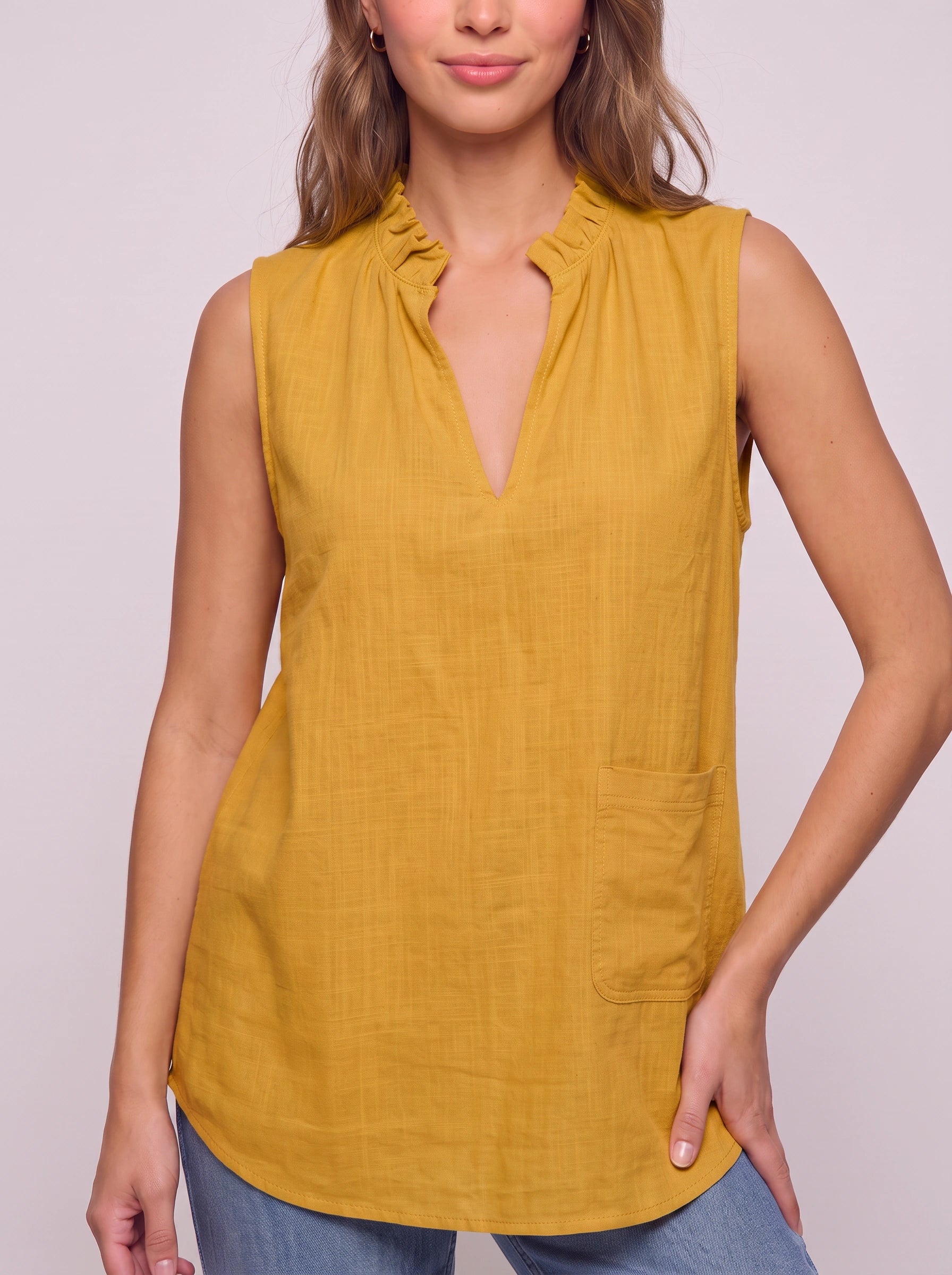Solenne Ruffle Collar Sleeveless Top – Linen V-Neck Women Summer Casual Blouse Tank Tunic