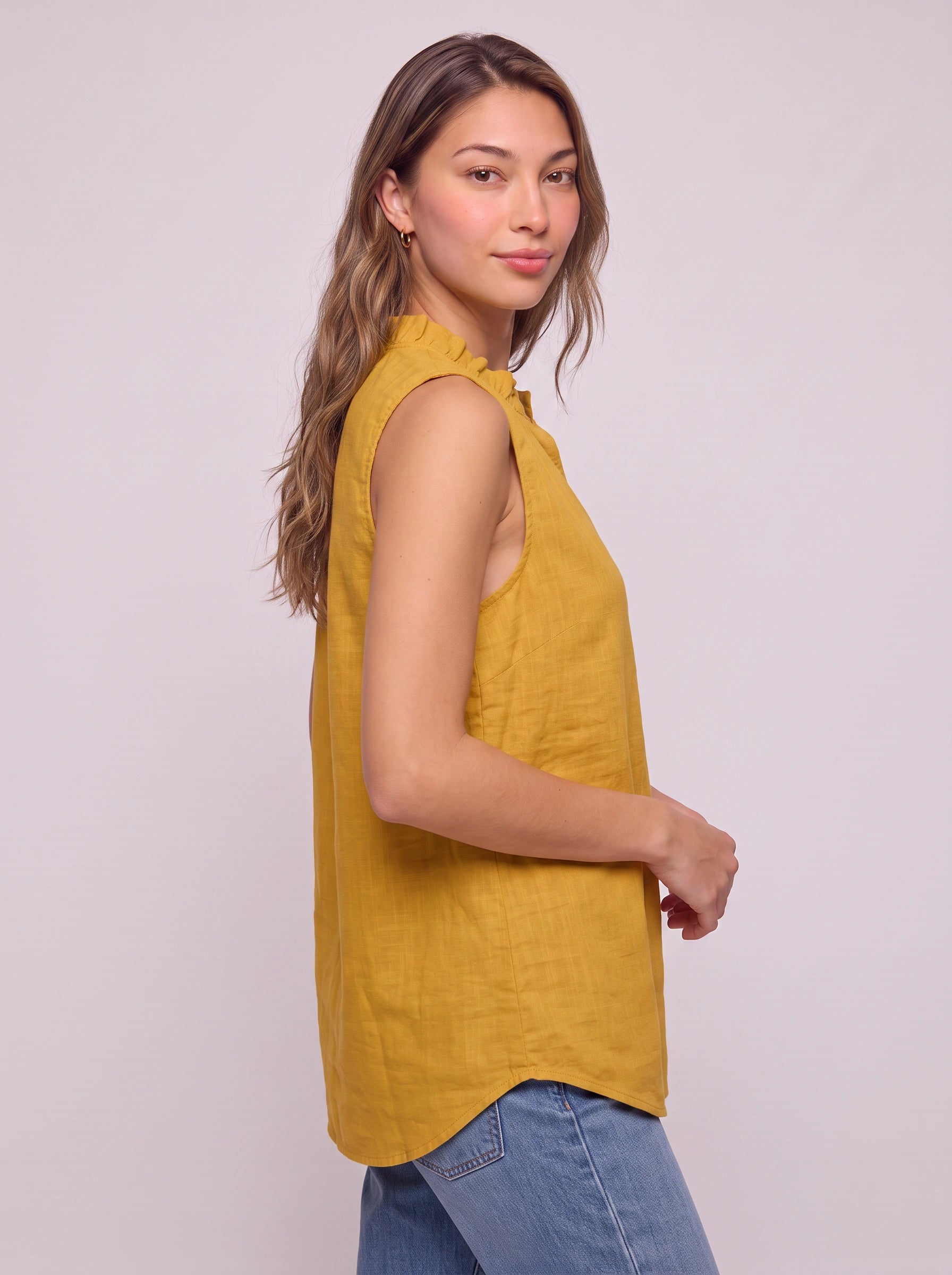 Solenne Ruffle Collar Sleeveless Top – Linen V-Neck Women Summer Casual Blouse Tank Tunic