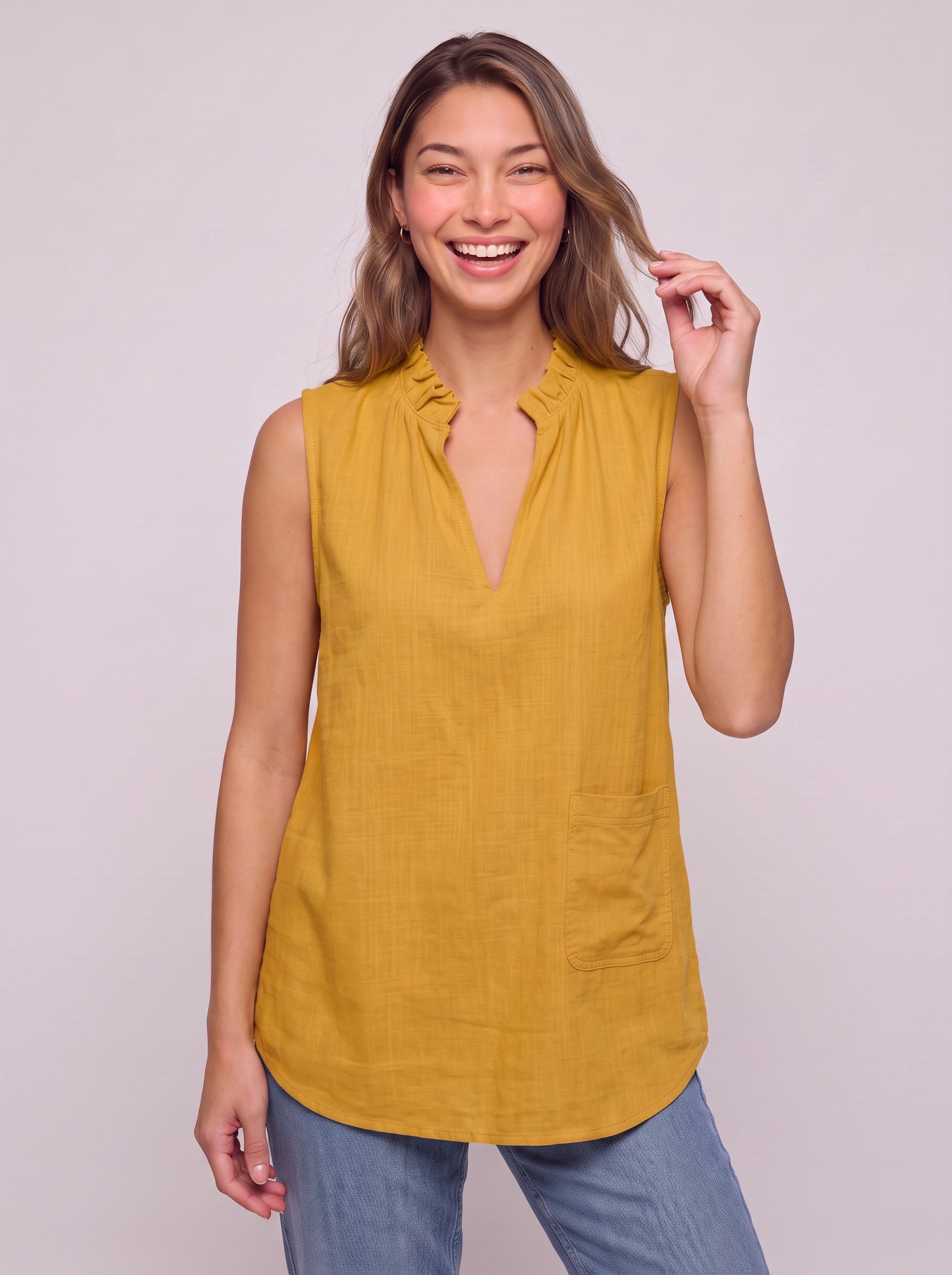 Solenne Ruffle Collar Sleeveless Top – Linen V-Neck Women Summer Casual Blouse Tank Tunic