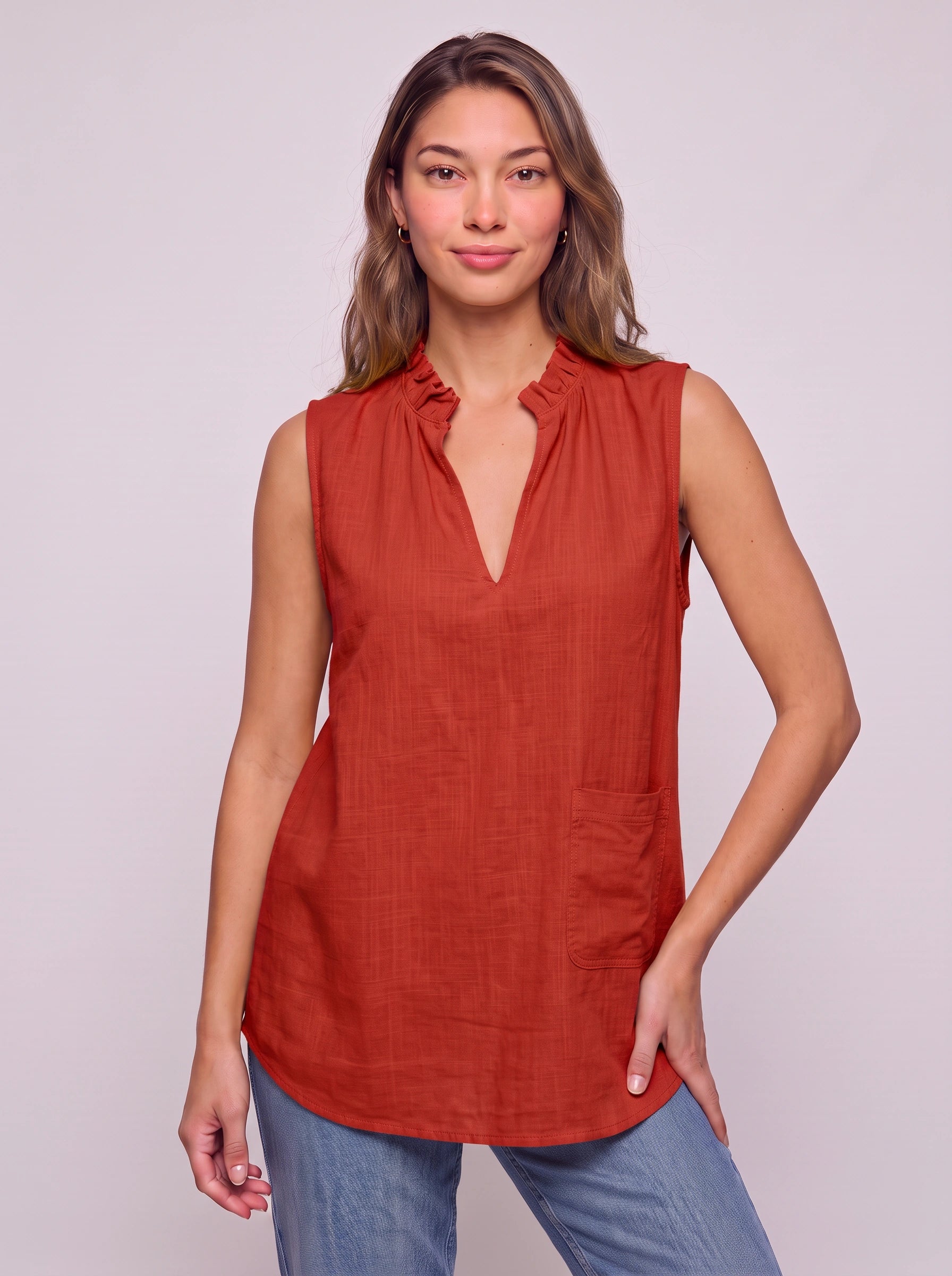 Solenne Ruffle Collar Sleeveless Top – Linen V-Neck Women Summer Casual Blouse Tank Tunic