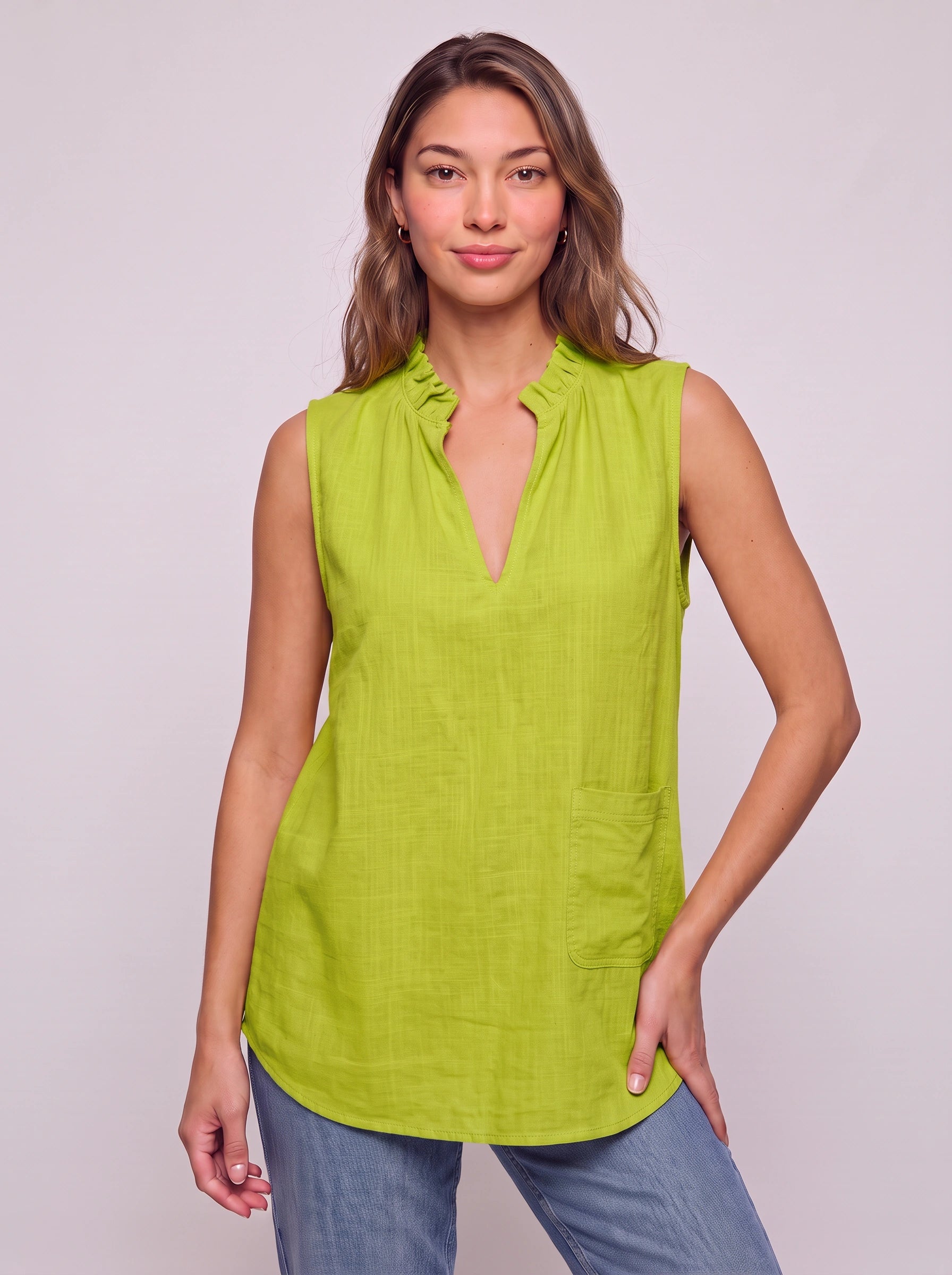Solenne Ruffle Collar Sleeveless Top – Linen V-Neck Women Summer Casual Blouse Tank Tunic