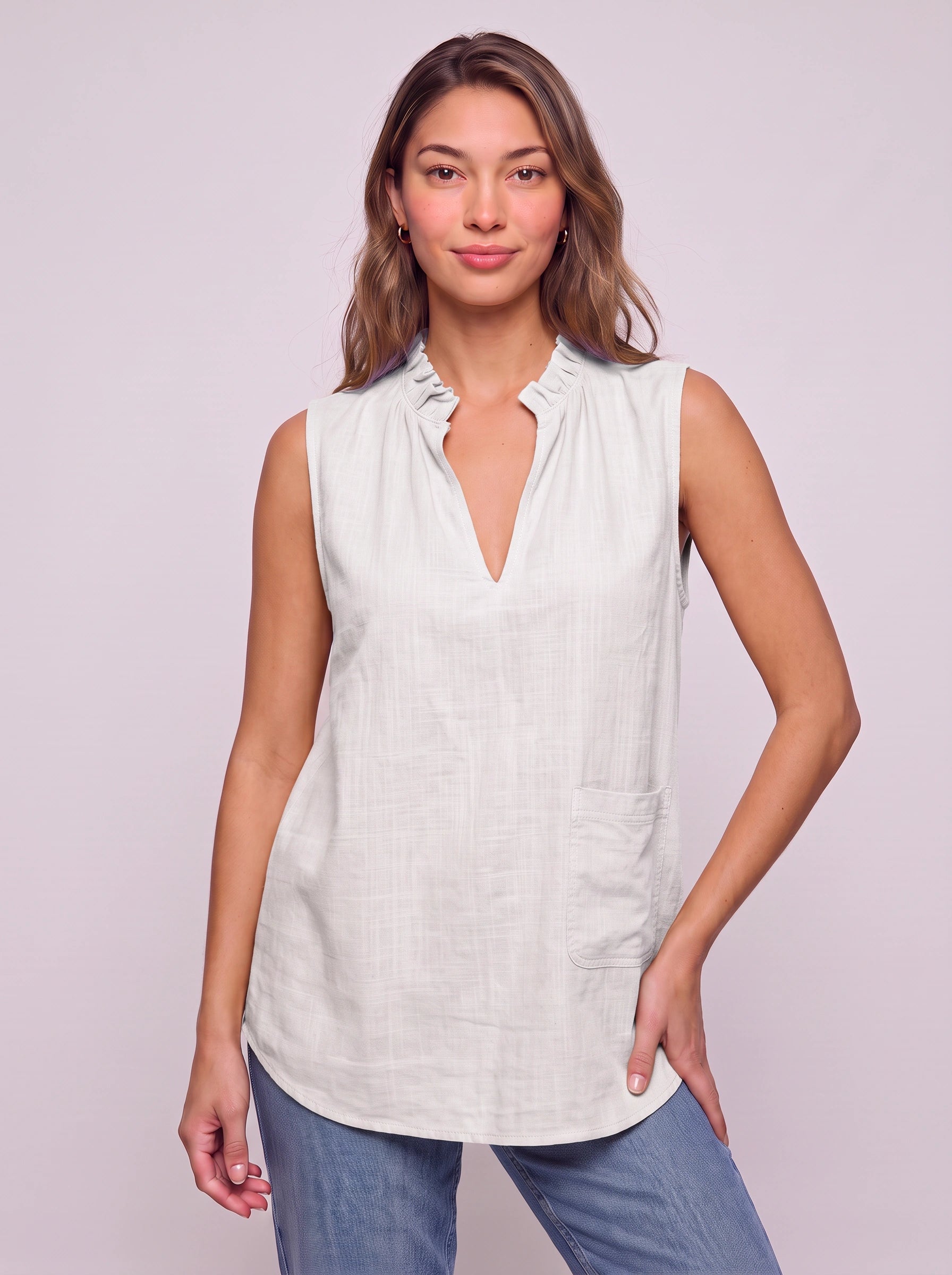 Solenne Ruffle Collar Sleeveless Top – Linen V-Neck Women Summer Casual Blouse Tank Tunic