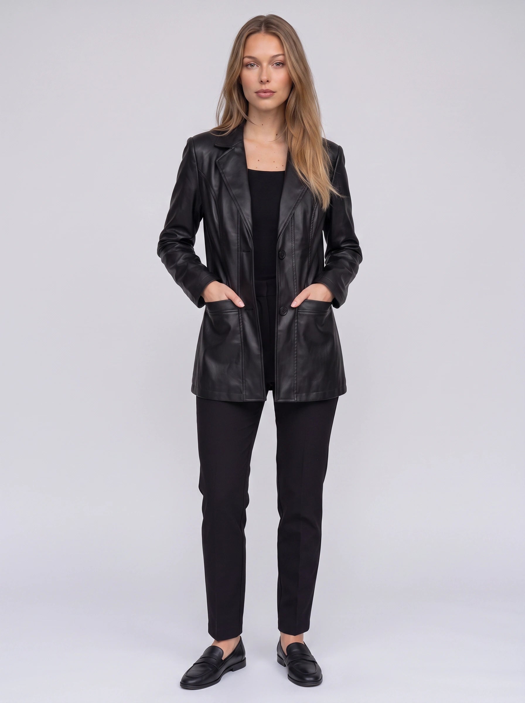 Noctiva Longline Faux Leather Blazer – Women Faux Leather Coat Notch Collar Tailored Outerwear Workwear Office Longline Blazer