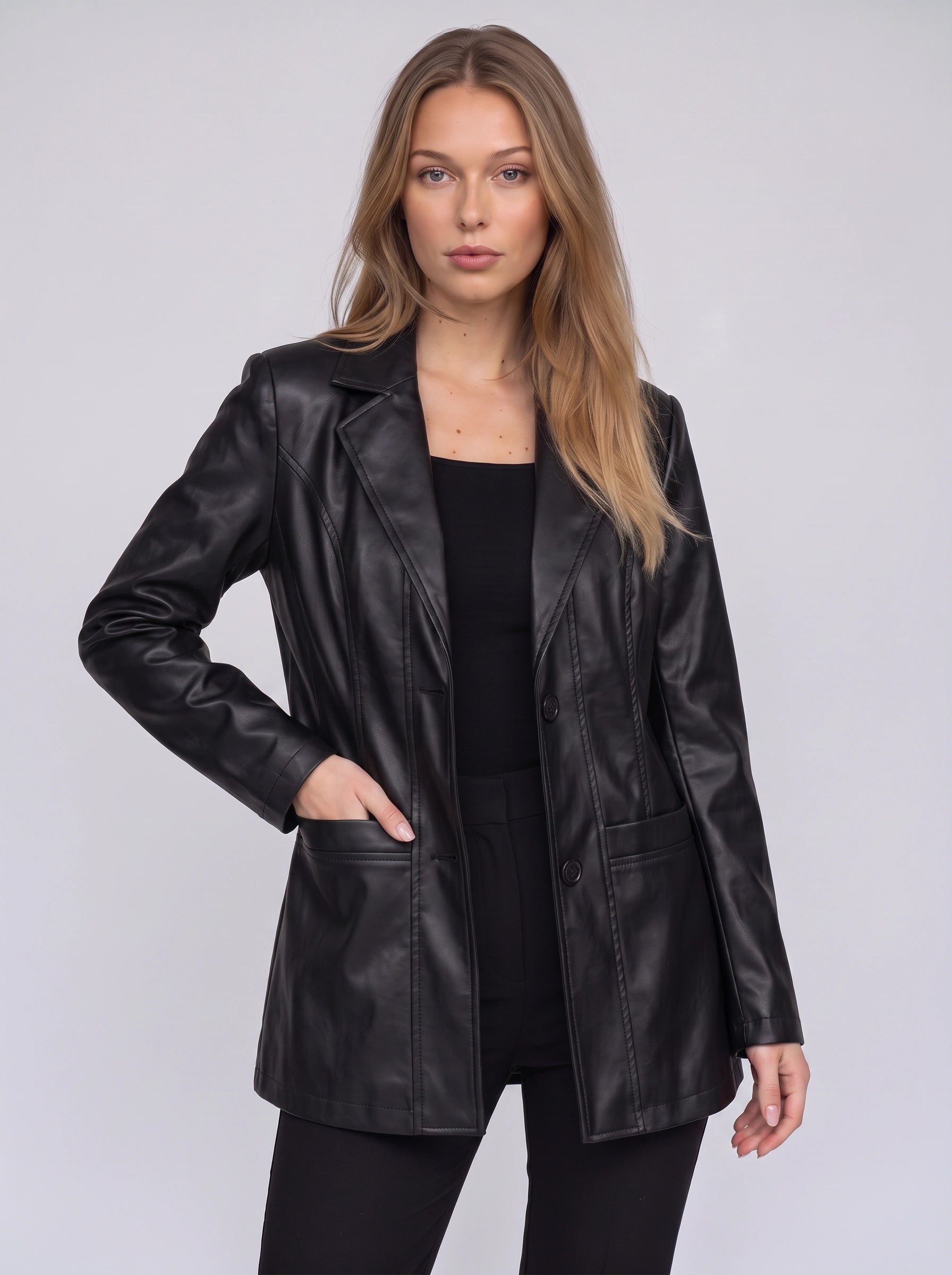 Noctiva Longline Faux Leather Blazer – Women Faux Leather Coat Notch Collar Tailored Outerwear Workwear Office Longline Blazer