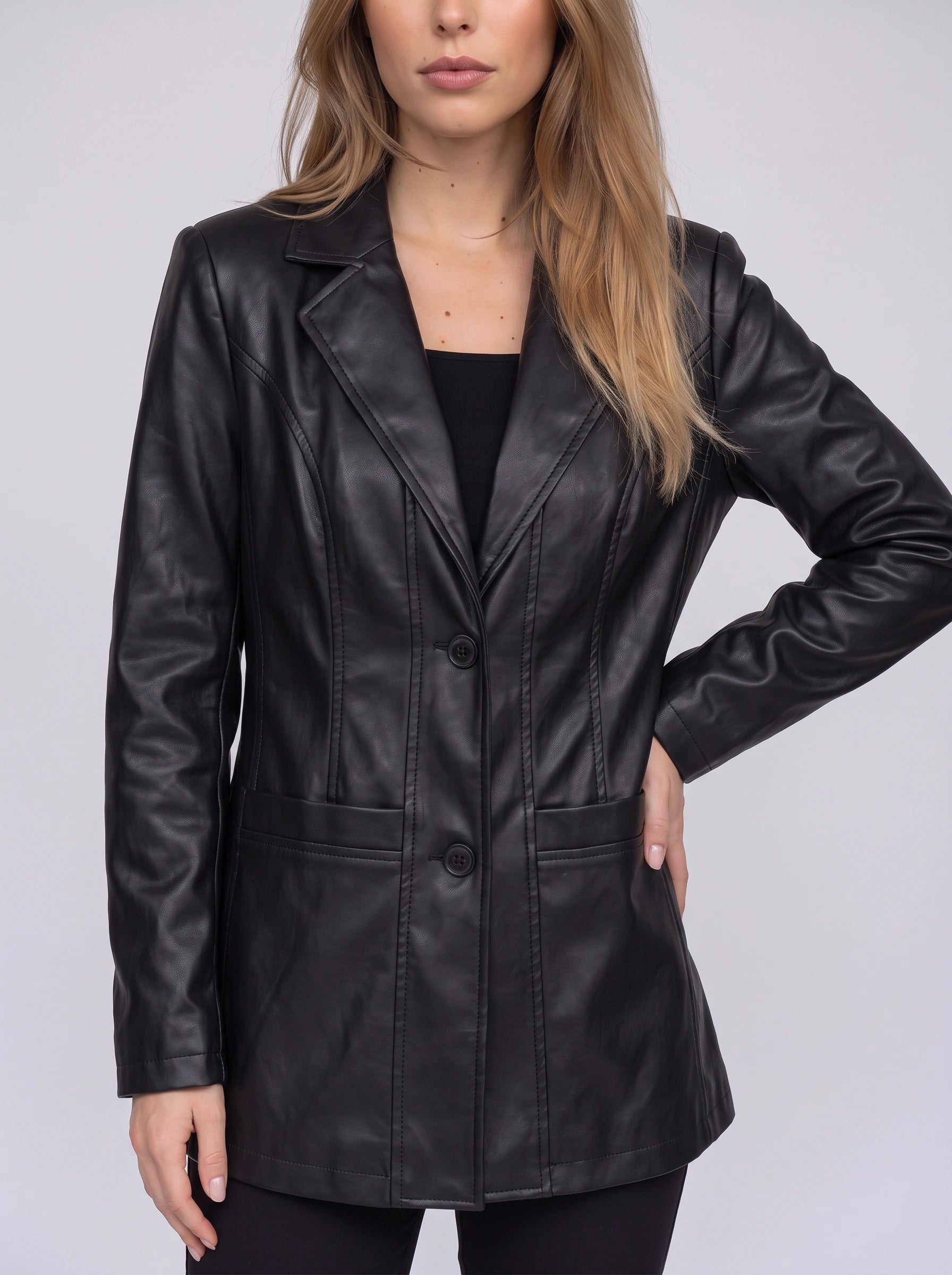 Noctiva Longline Faux Leather Blazer – Women Faux Leather Coat Notch Collar Tailored Outerwear Workwear Office Longline Blazer