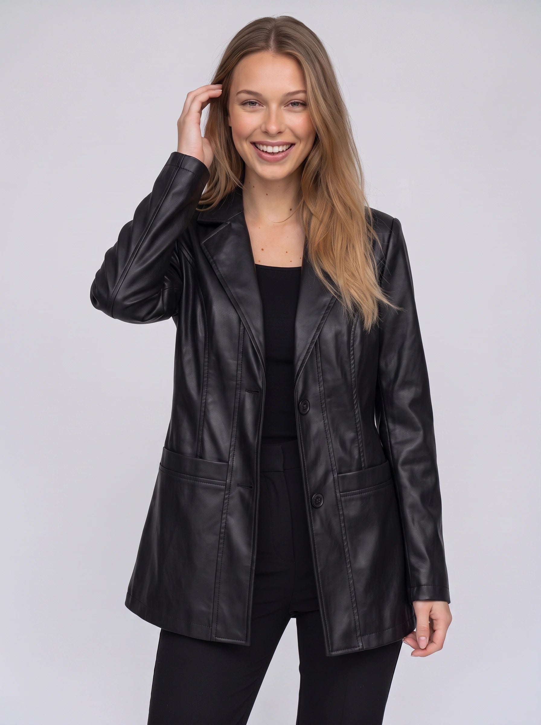 Noctiva Longline Faux Leather Blazer – Women Faux Leather Coat Notch Collar Tailored Outerwear Workwear Office Longline Blazer